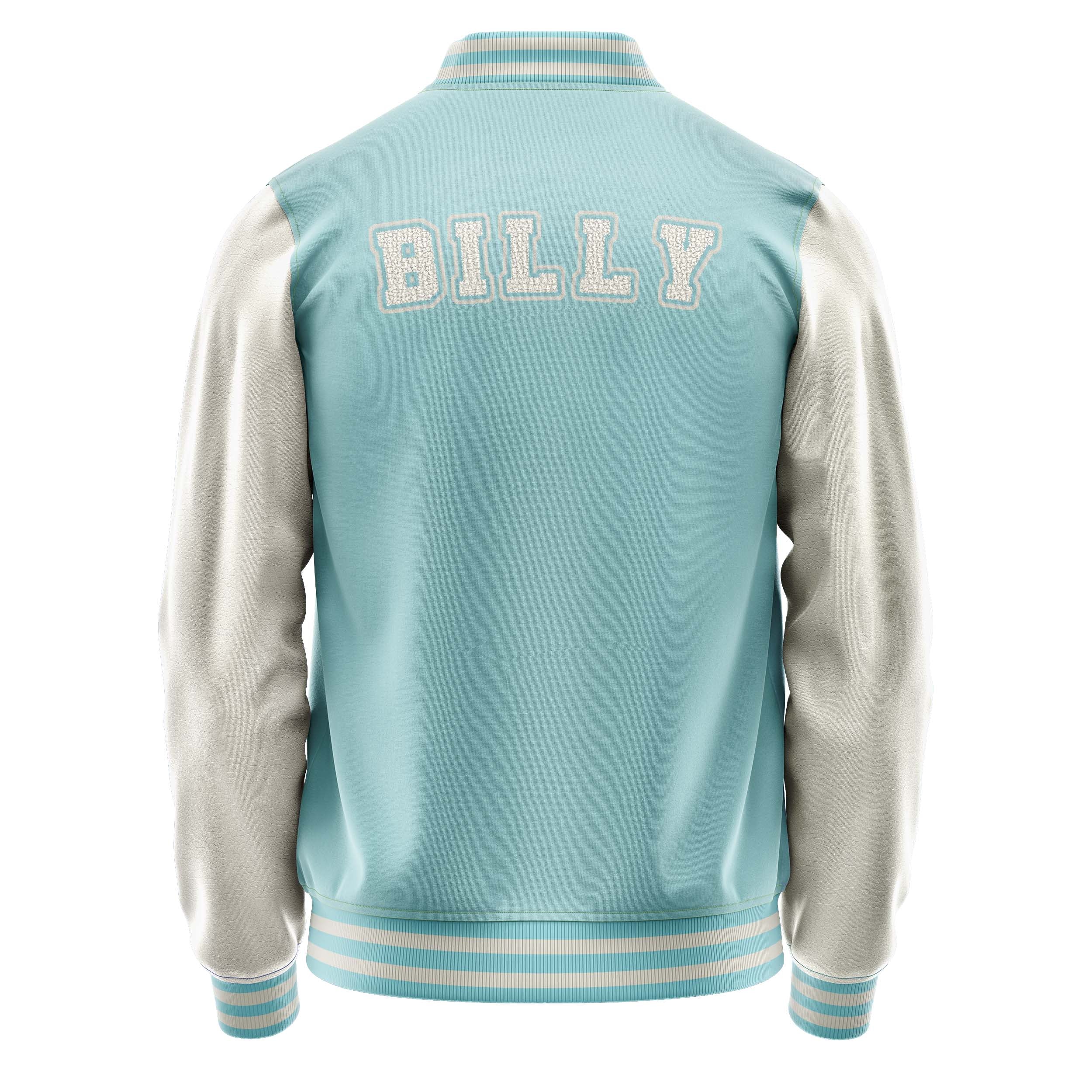 Custom Light Blue Varsity Jacket Patches Beige Leather Sleeves - Baseball