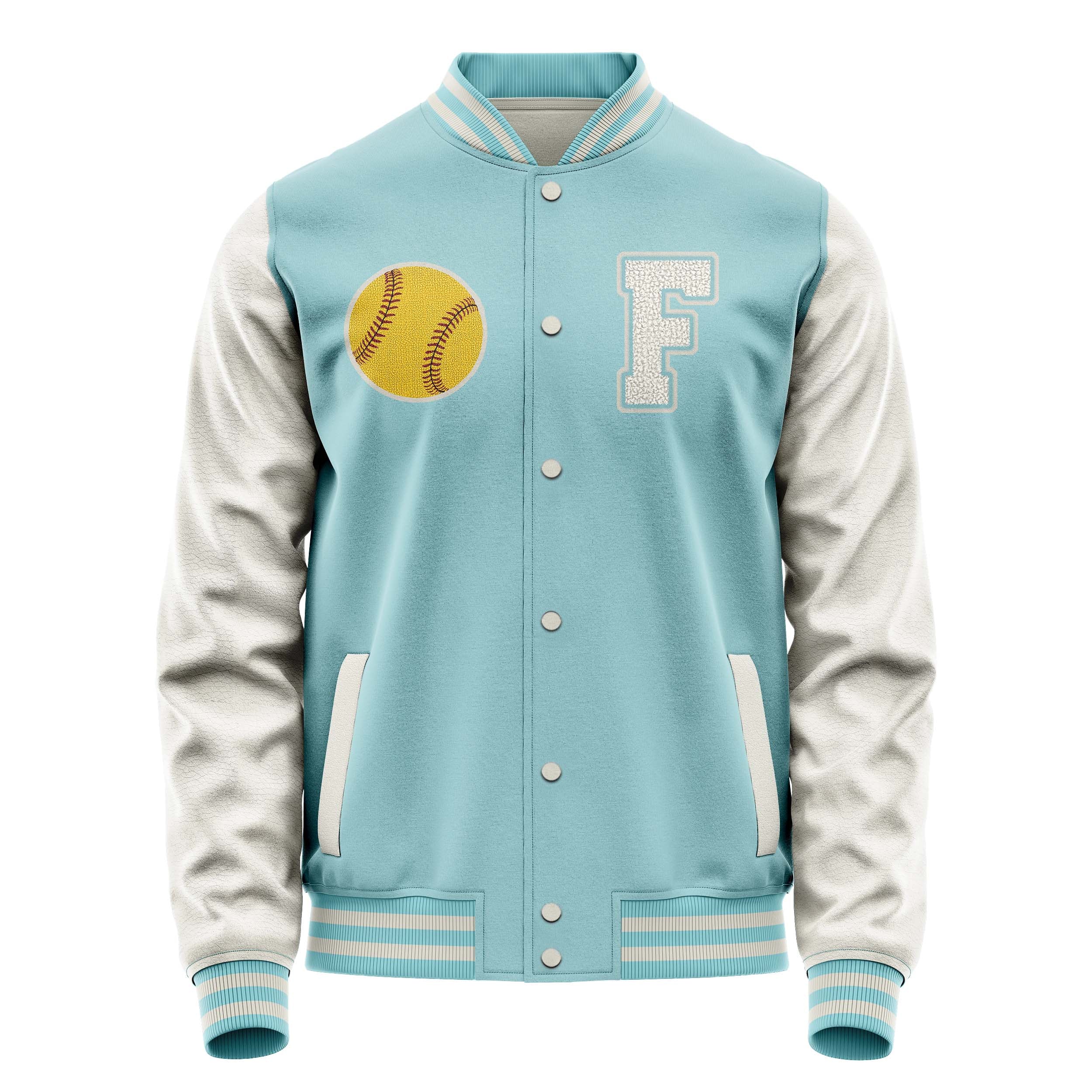 Custom Light Blue Varsity Jacket Patches Beige Leather Sleeves - Baseball