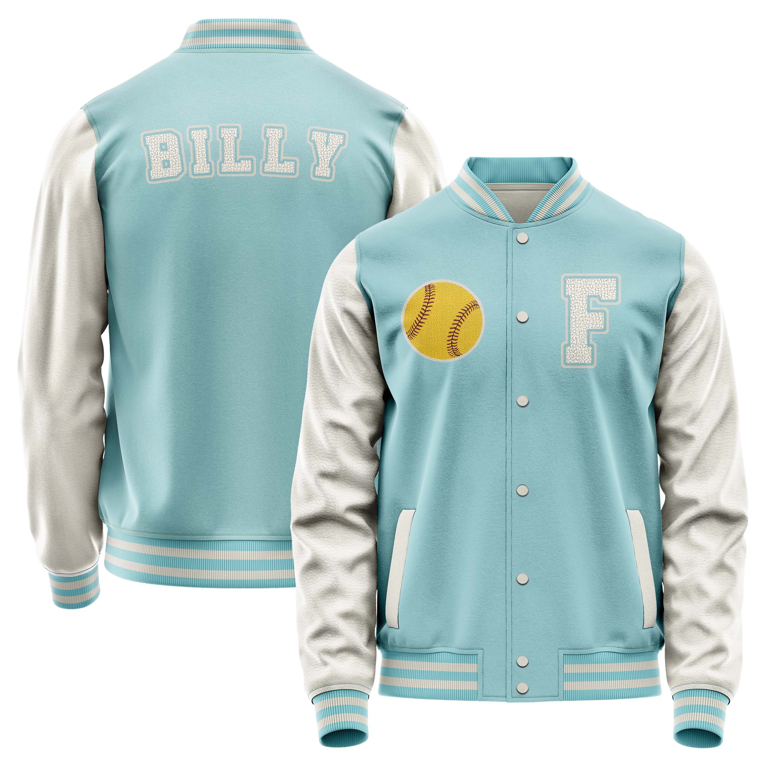 Custom Light Blue Varsity Jacket Patches Beige Leather Sleeves - Baseball