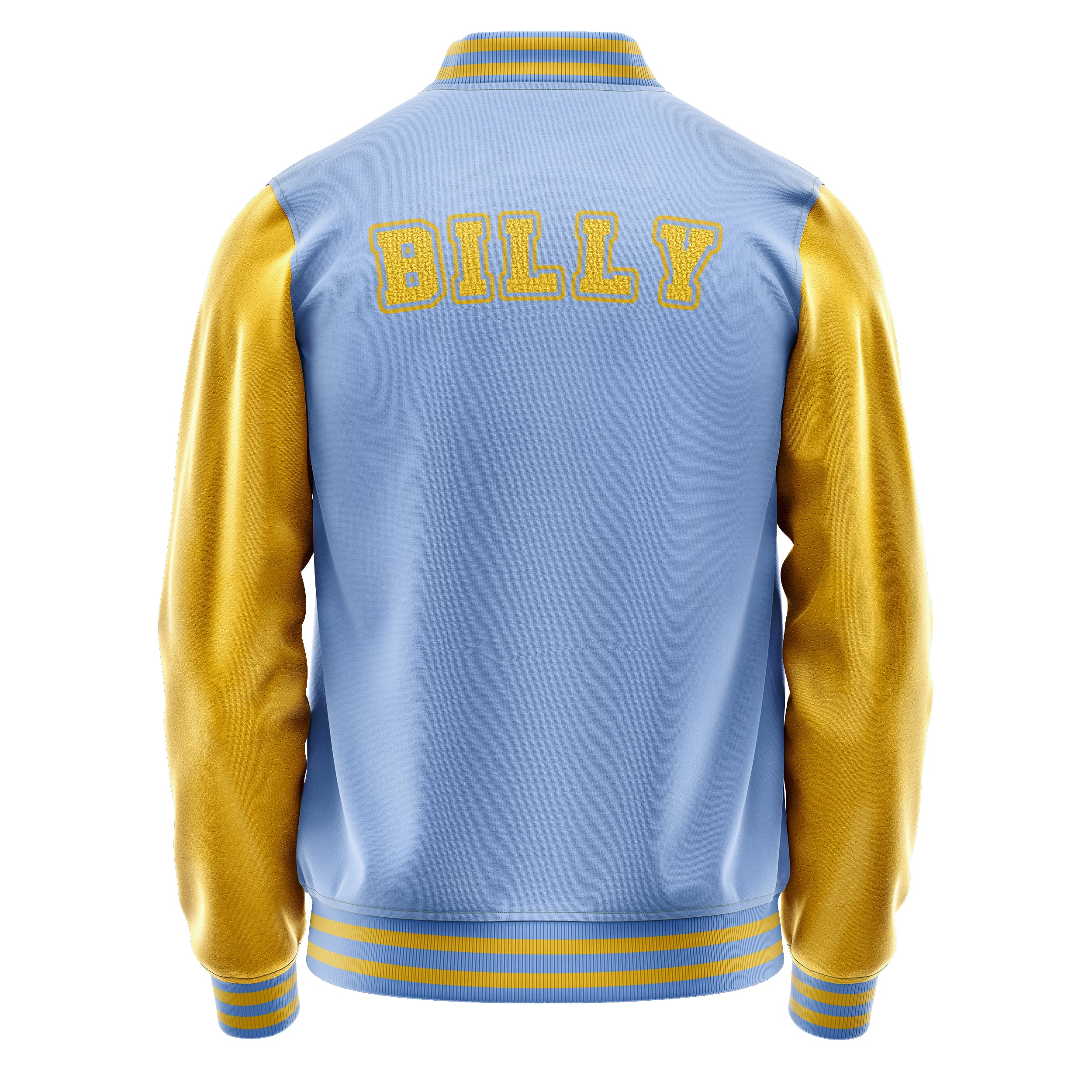 Custom Sky Blue Varsity Jacket Patches Egg Yellow Leather Sleeves - Baseball