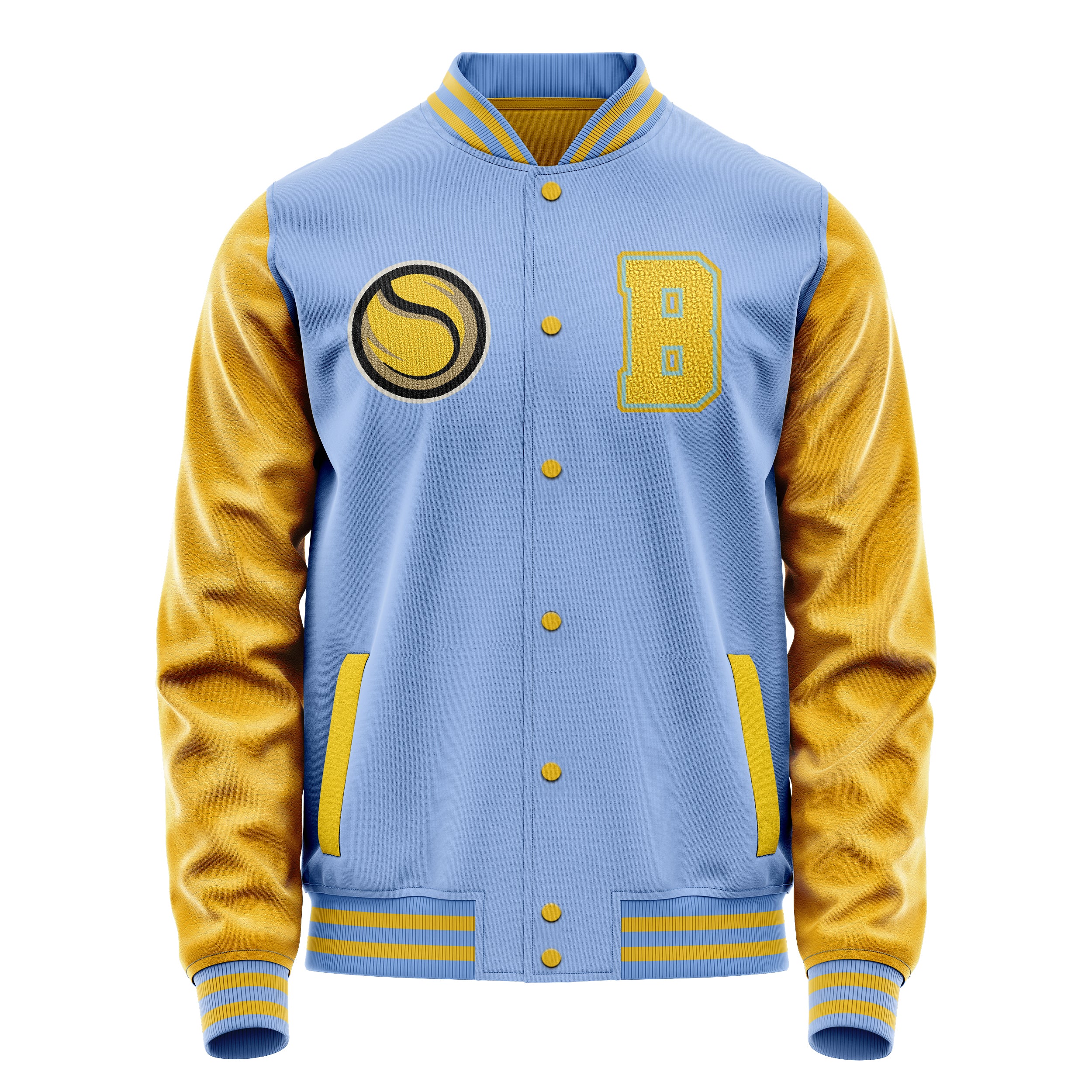 Custom Sky Blue Varsity Jacket Patches Egg Yellow Leather Sleeves - Baseball