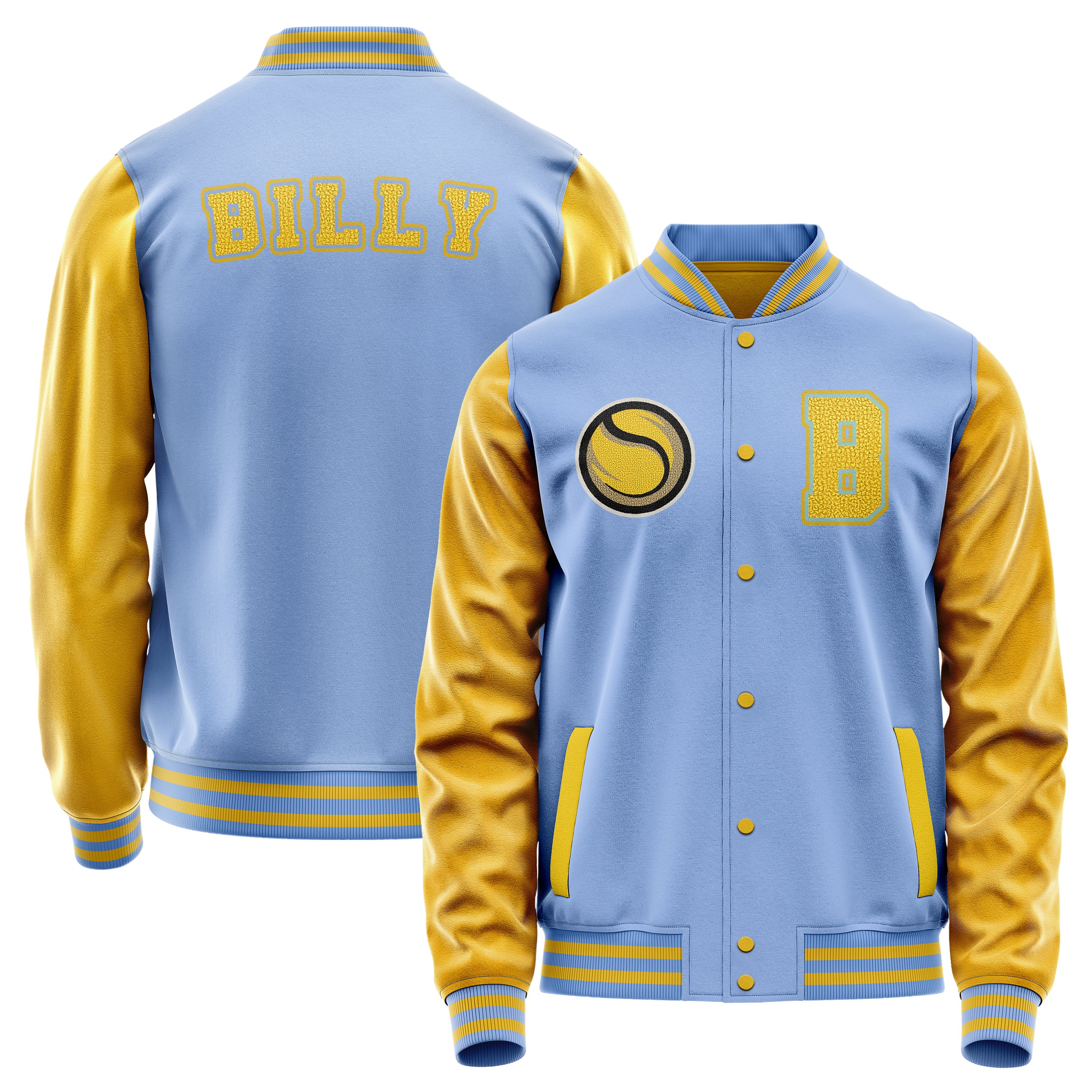 Custom Sky Blue Varsity Jacket Patches Egg Yellow Leather Sleeves - Baseball