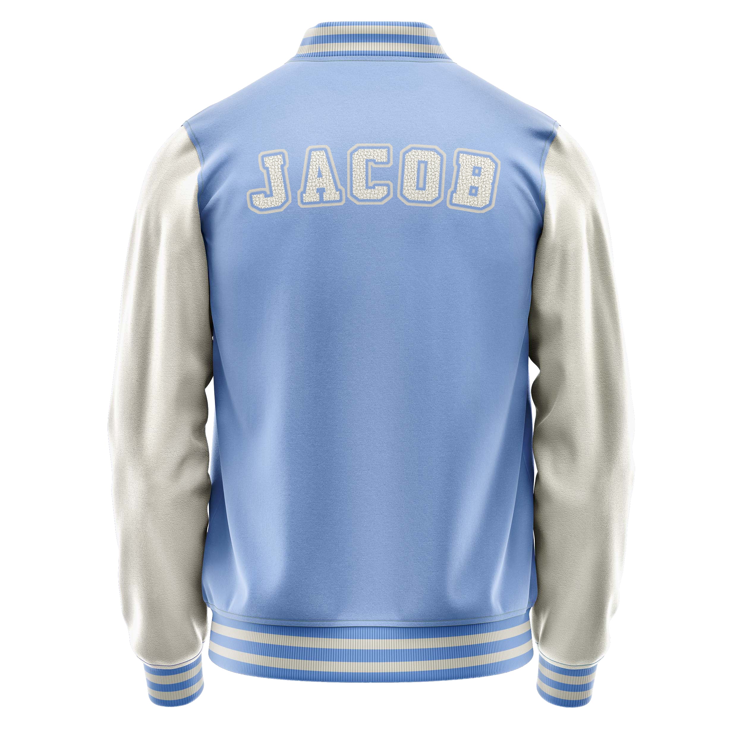 Custom Sky Blue Varsity Jacket Patches Beige Leather Sleeves - baseball logo
