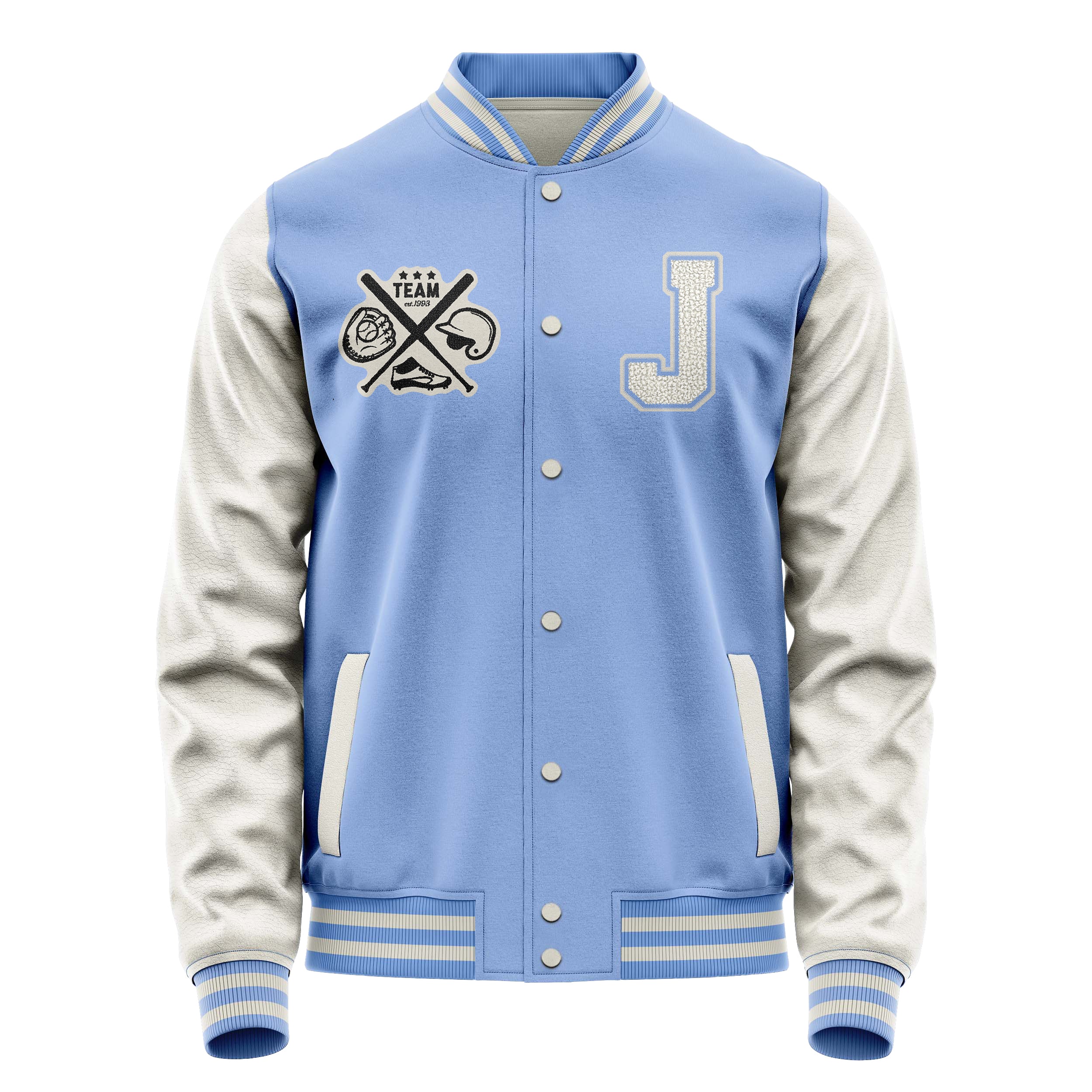 Custom Sky Blue Varsity Jacket Patches Beige Leather Sleeves - baseball logo