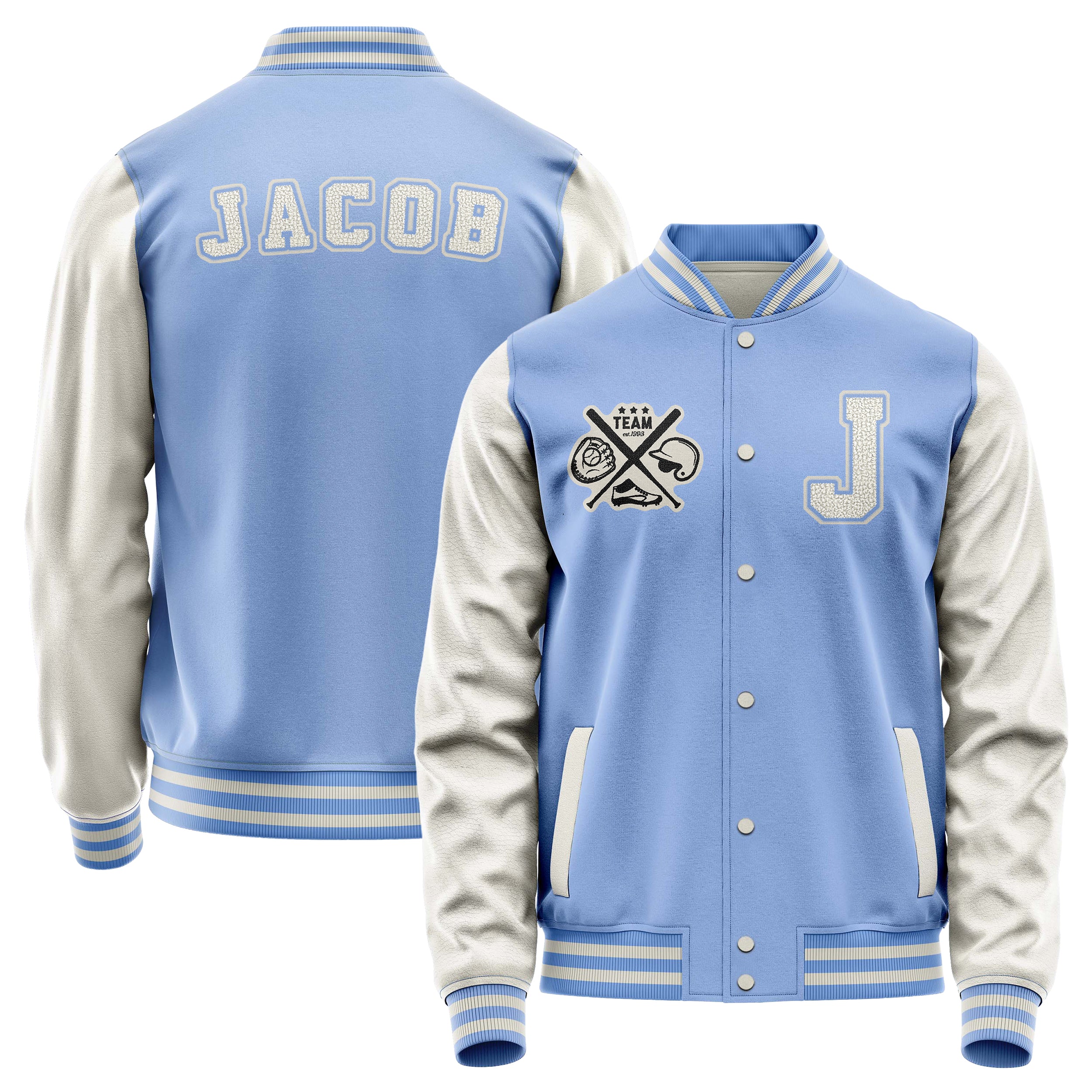 Custom Sky Blue Varsity Jacket Patches Beige Leather Sleeves - baseball logo