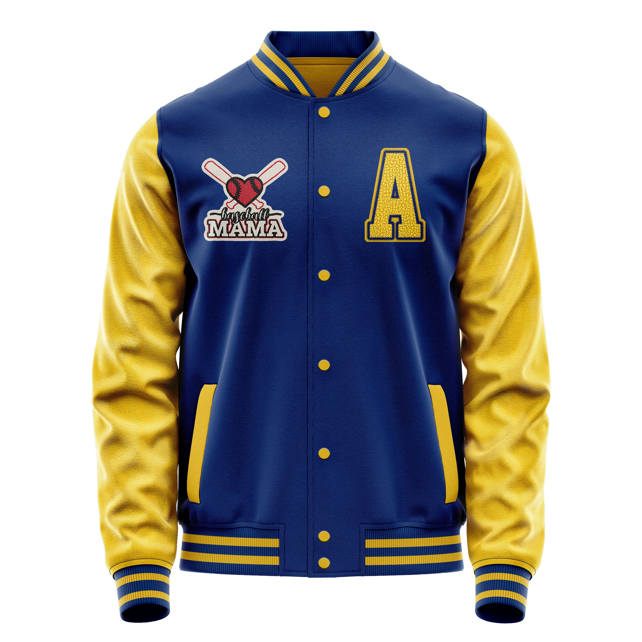 Custom Royal Blue Varsity Jacket Patches Egg Yellow Leather Sleeves - Baseball MAMA