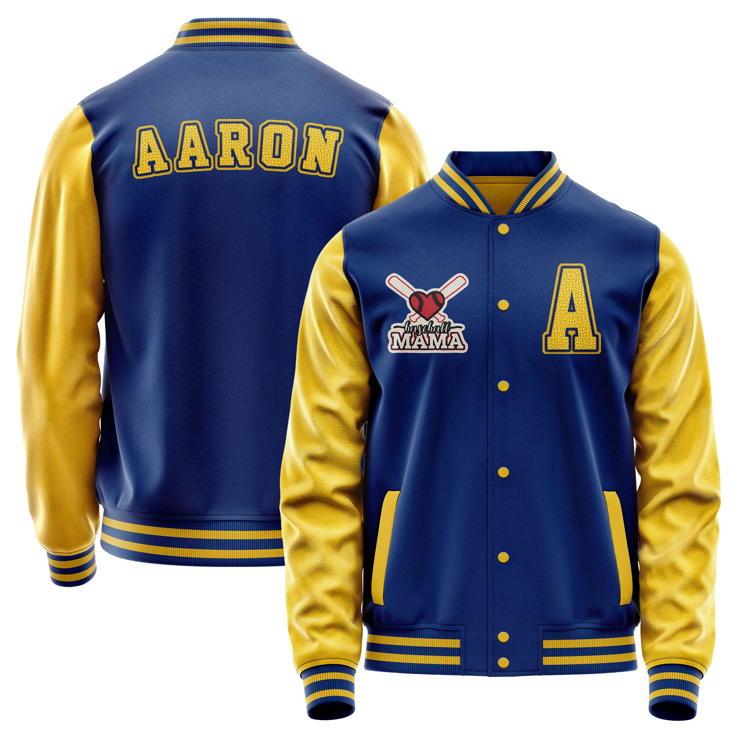 Custom Royal Blue Varsity Jacket Patches Egg Yellow Leather Sleeves - Baseball MAMA