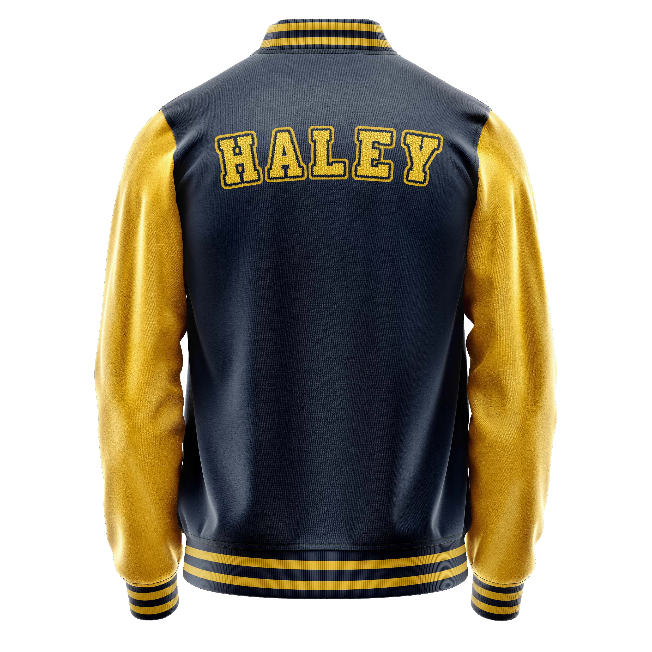 Custom Navy Blue Varsity Jacket Patches Egg Yellow Leather Sleeves - baseball logo