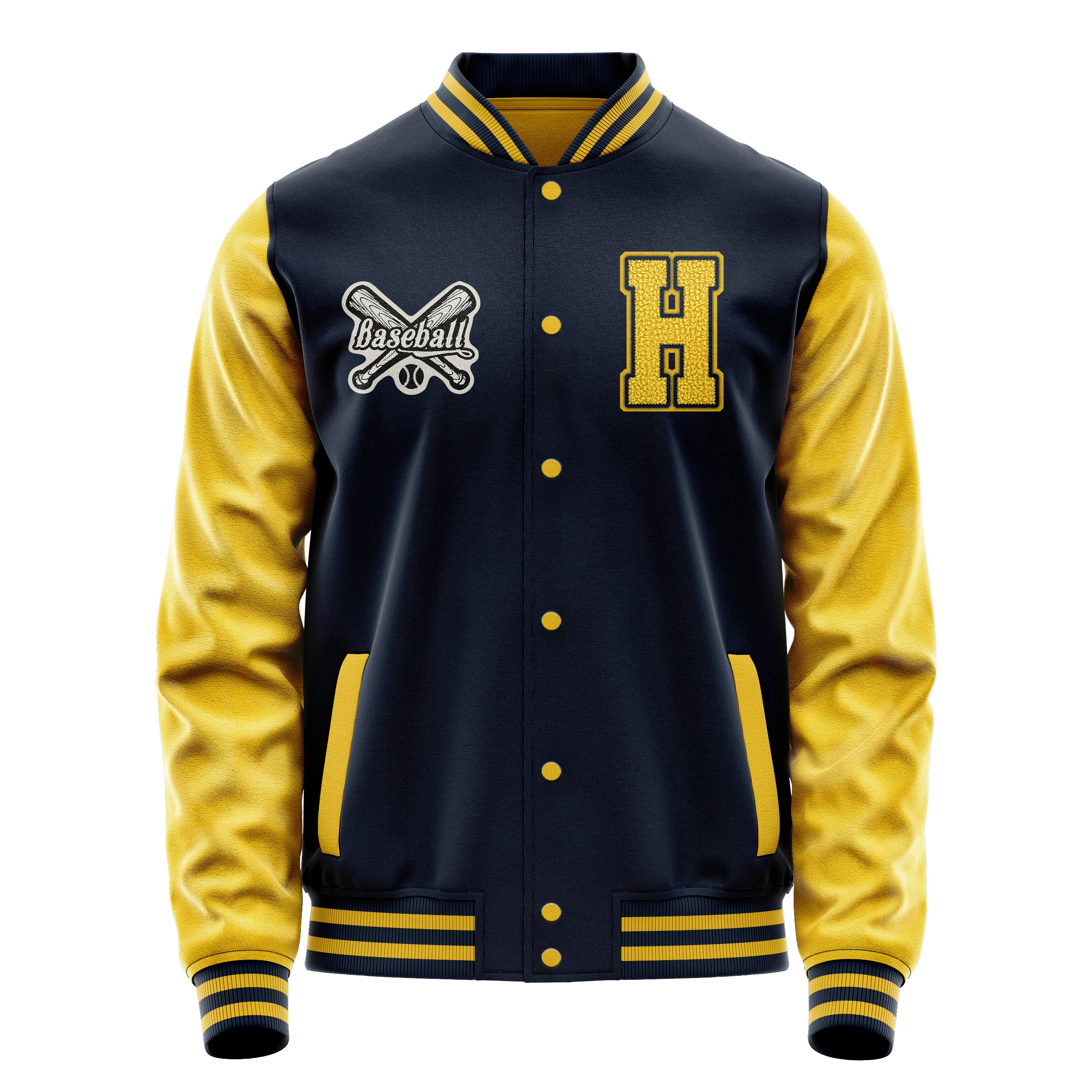 Custom Navy Blue Varsity Jacket Patches Egg Yellow Leather Sleeves - baseball logo