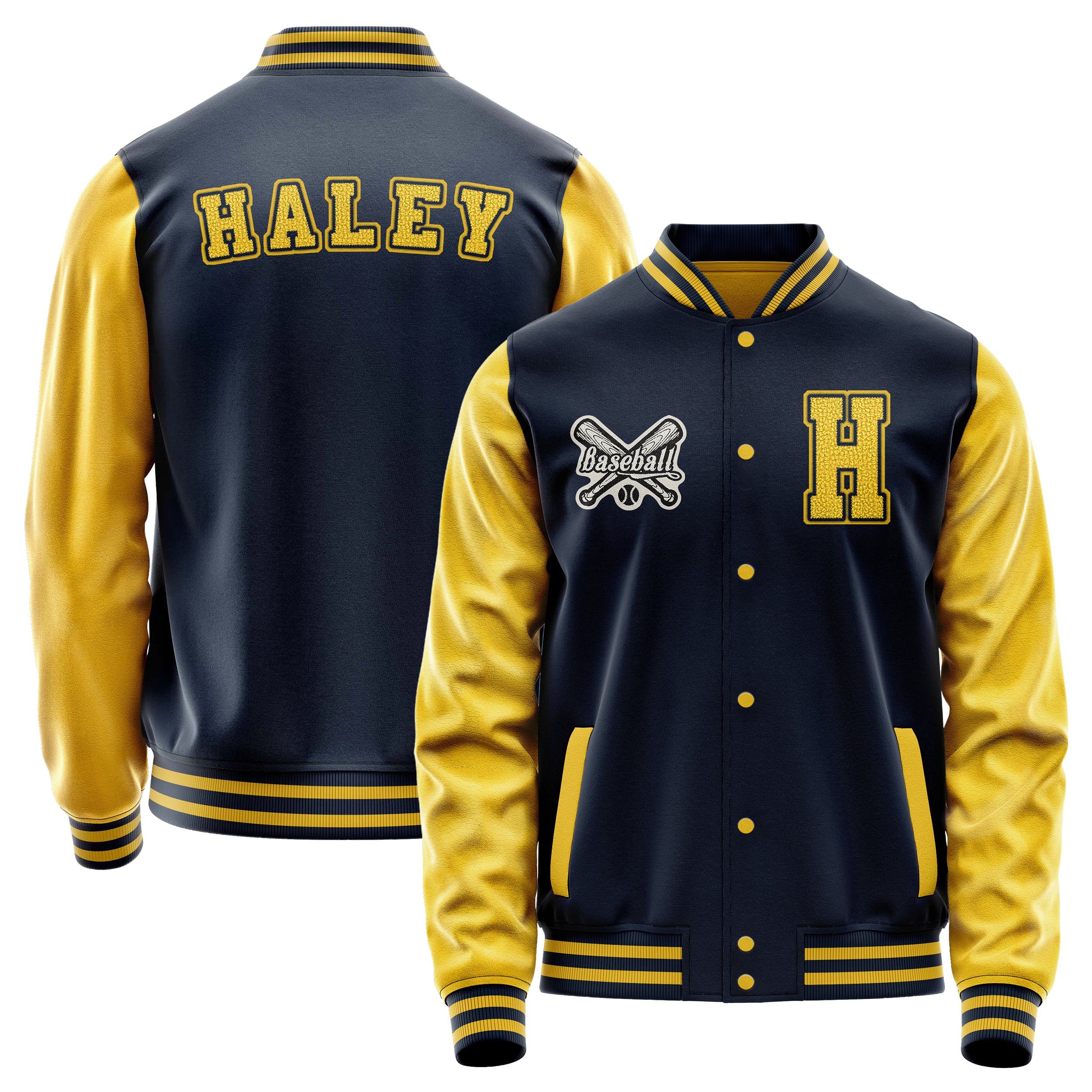 Custom Navy Blue Varsity Jacket Patches Egg Yellow Leather Sleeves - baseball logo