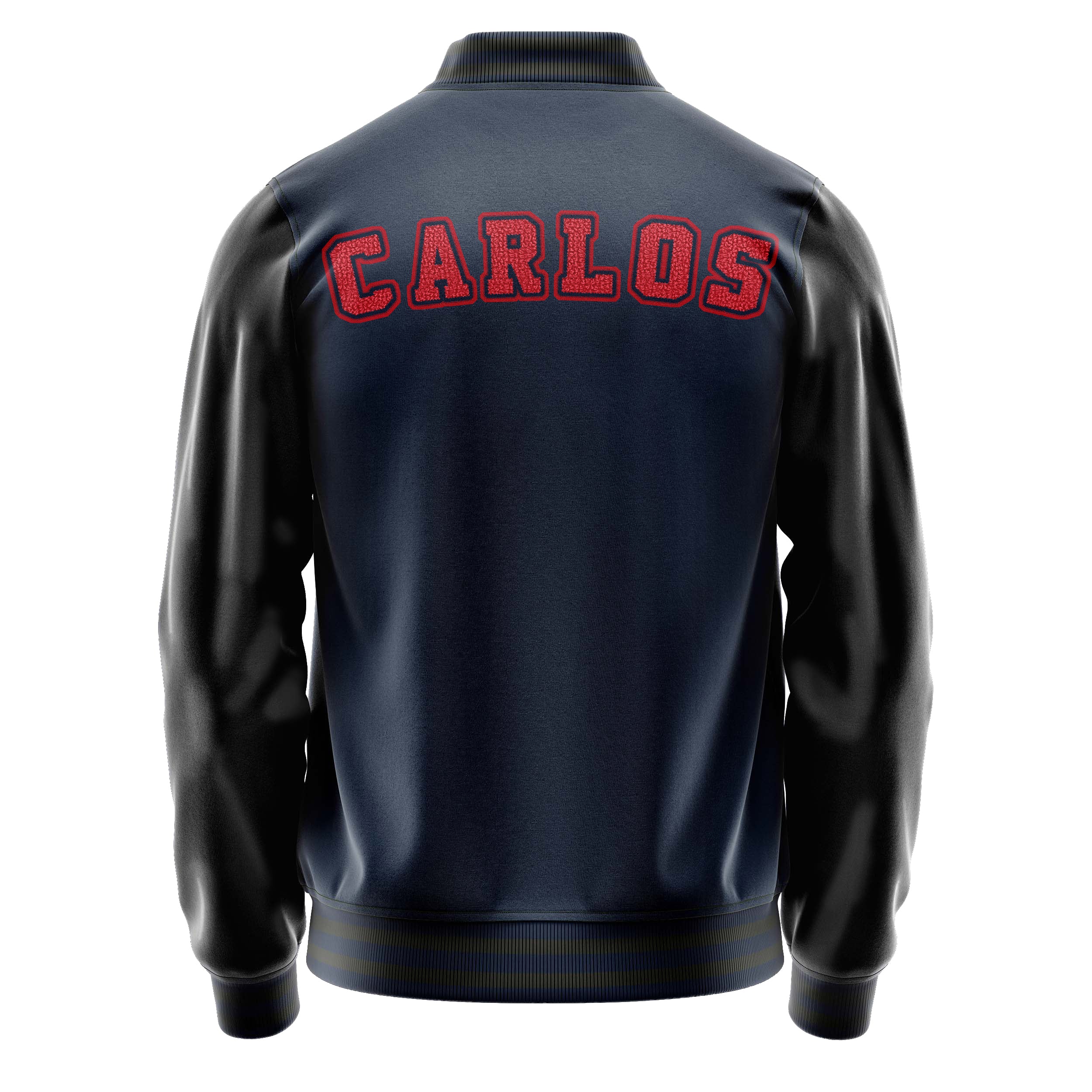 Custom Navy Blue Varsity Jacket Patches Black Leather Sleeves - Angry Baseball