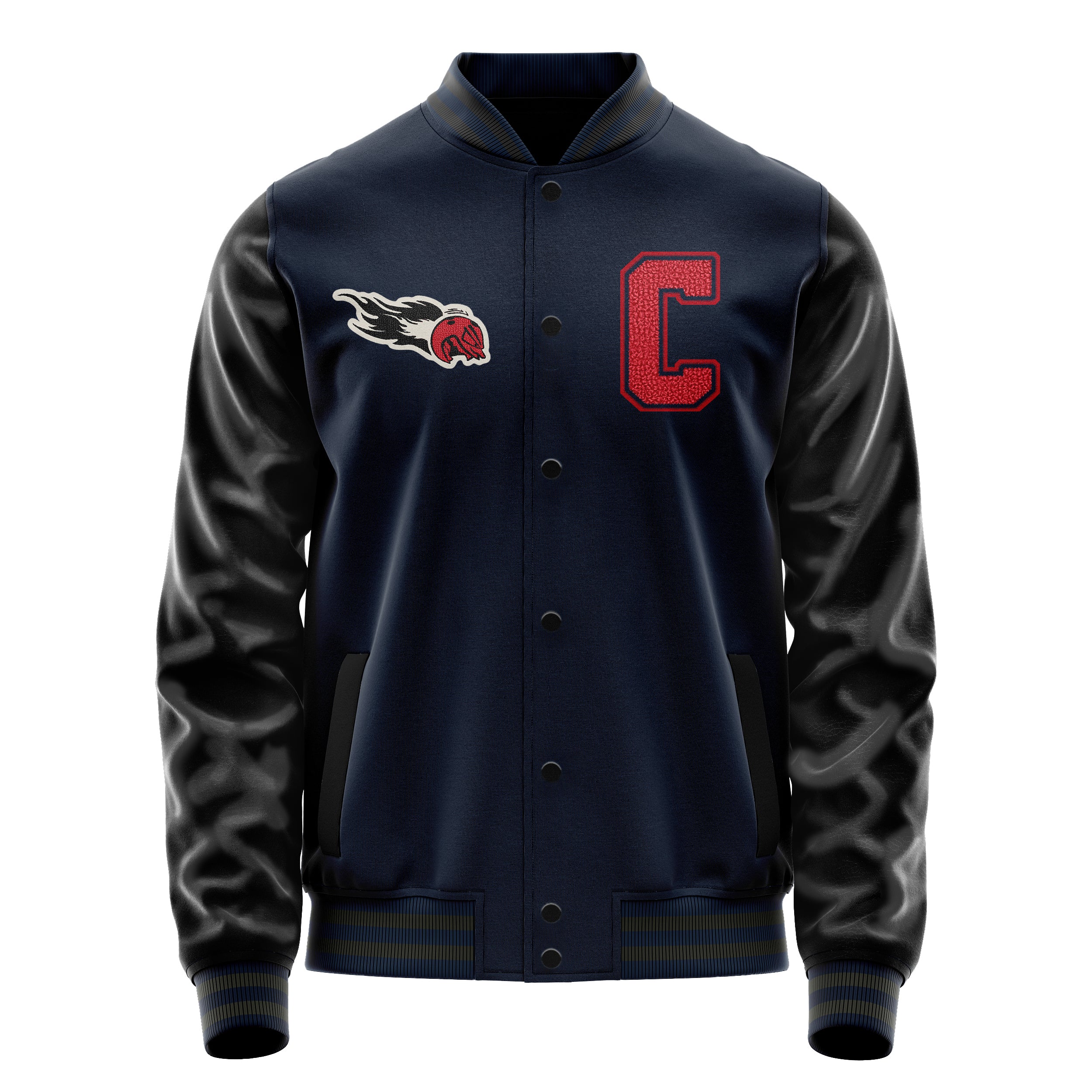 Custom Navy Blue Varsity Jacket Patches Black Leather Sleeves - Angry Baseball