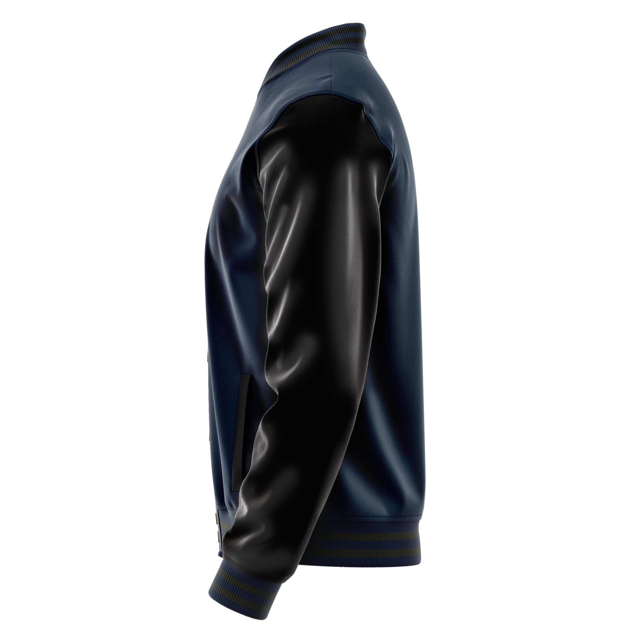 Custom Navy Blue Varsity Jacket Patches Black Leather Sleeves - Angry Baseball