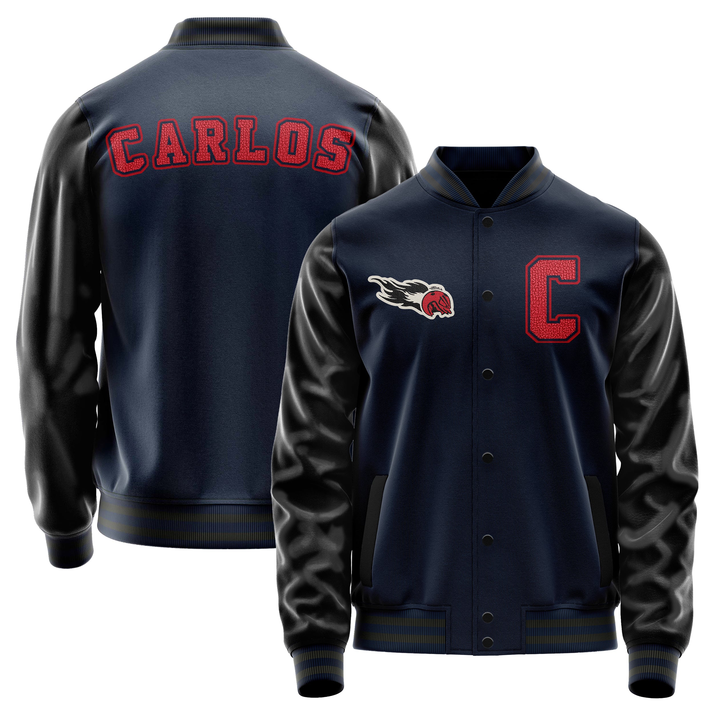 Custom Navy Blue Varsity Jacket Patches Black Leather Sleeves - Angry Baseball