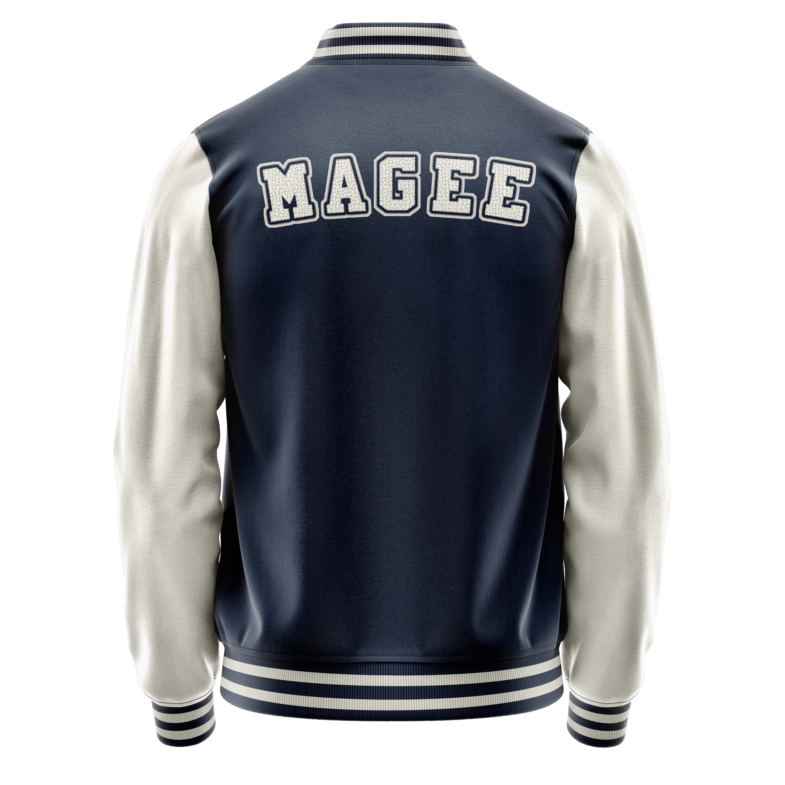 Custom Navy Blue Varsity Jacket Patches Beige Leather Sleeves - Baseball