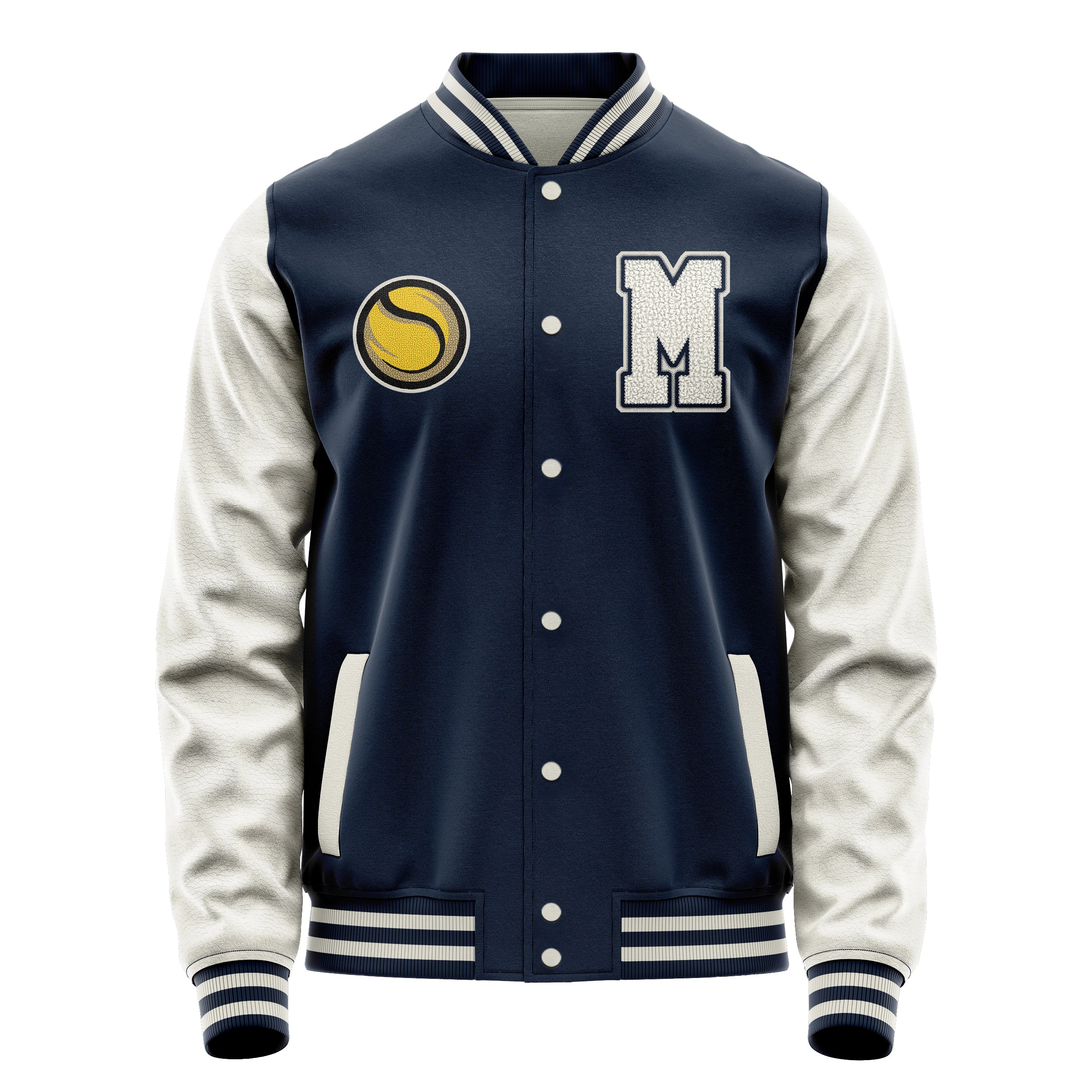 Custom Navy Blue Varsity Jacket Patches Beige Leather Sleeves - Baseball