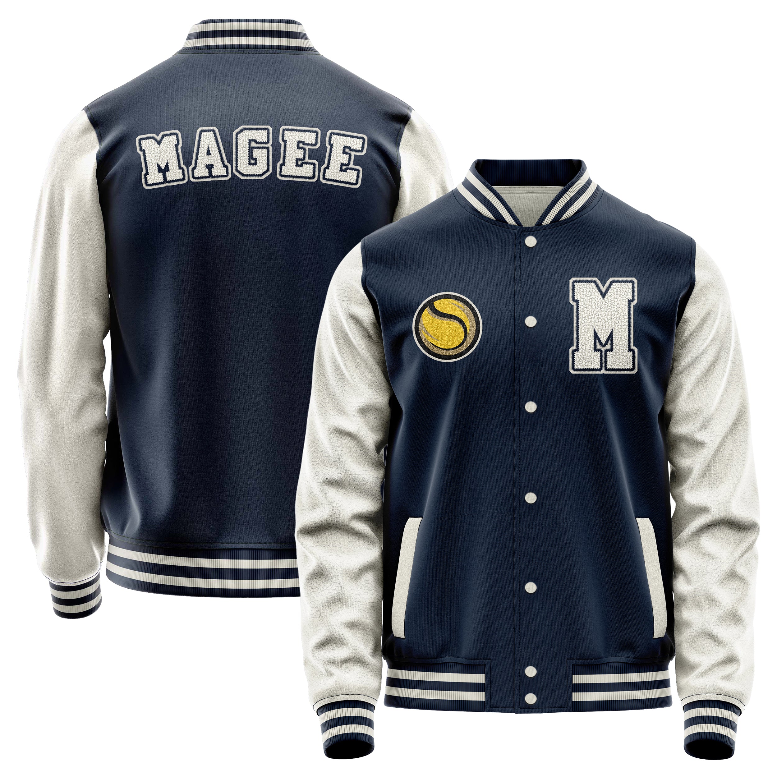 Custom Navy Blue Varsity Jacket Patches Beige Leather Sleeves - Baseball