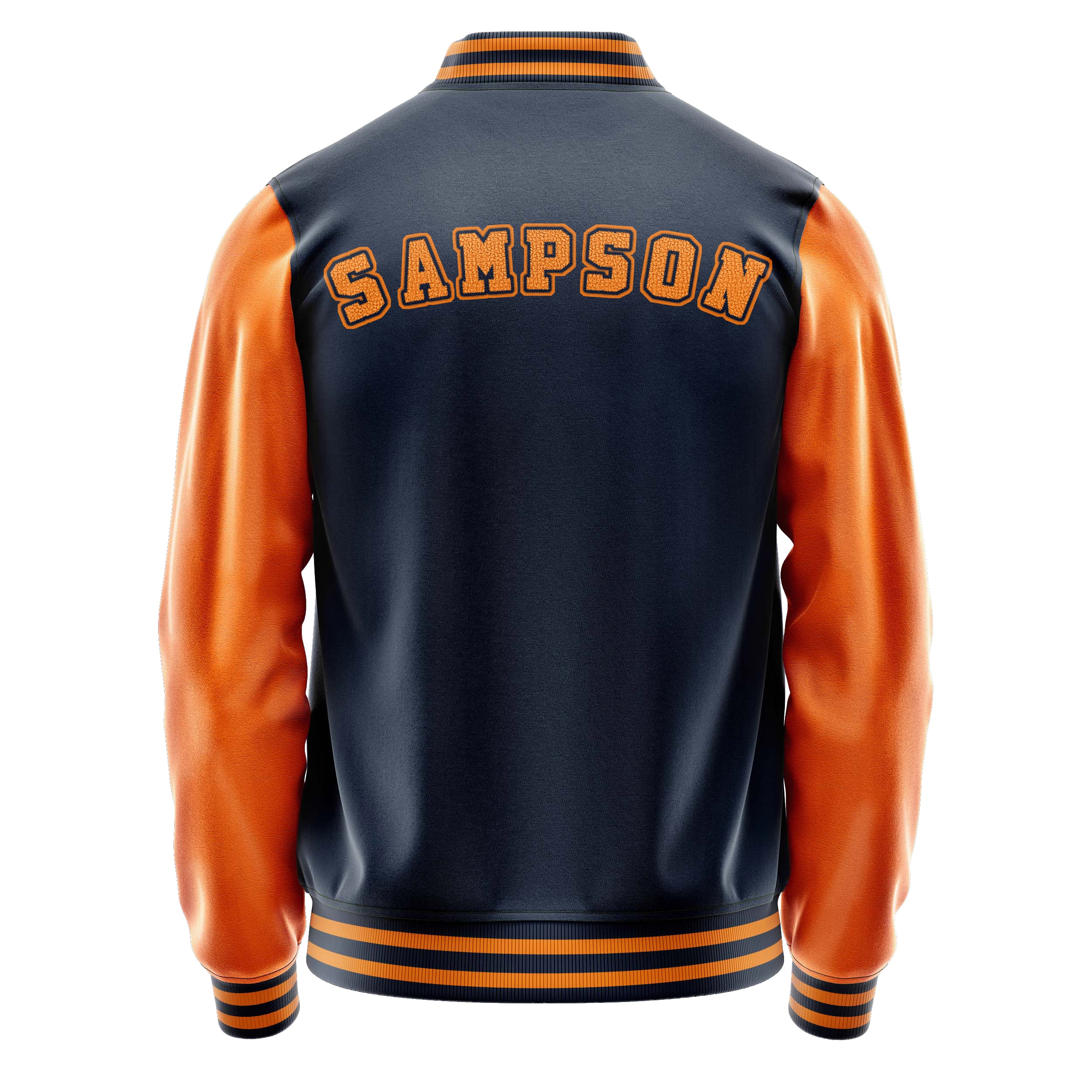 Custom Navy Blue Varsity Jacket Patches Orange Leather Sleeves - Baseball