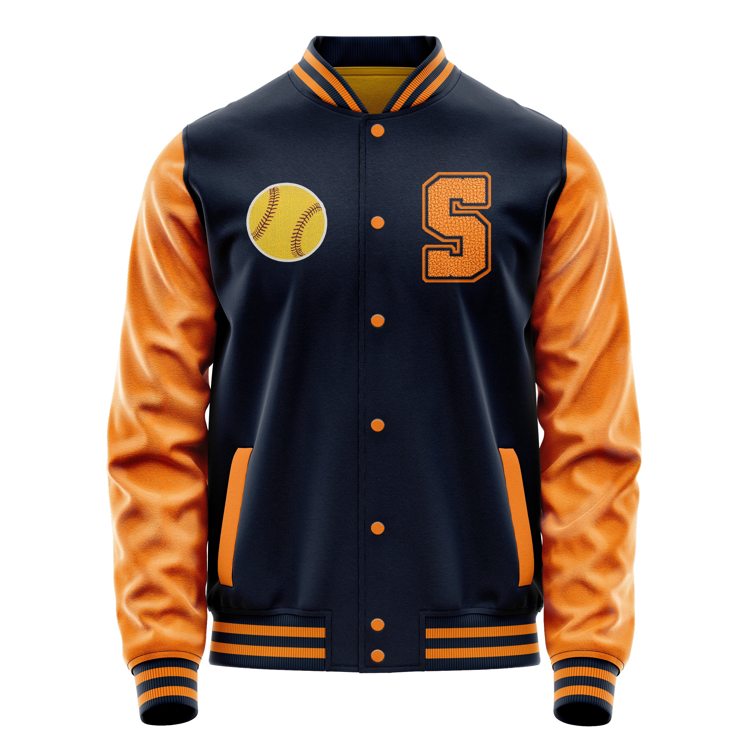 Custom Navy Blue Varsity Jacket Patches Orange Leather Sleeves - Baseball