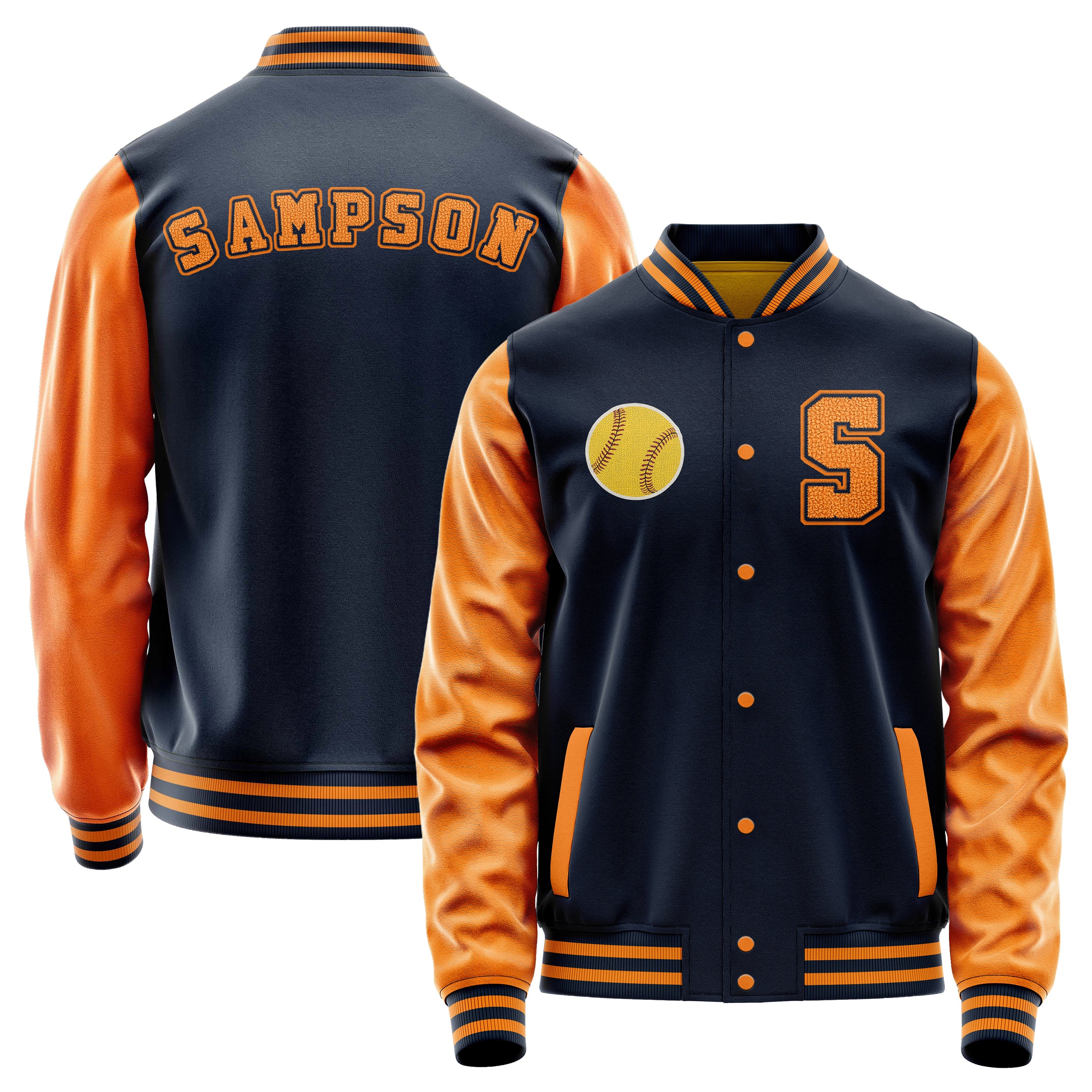 Custom Navy Blue Varsity Jacket Patches Orange Leather Sleeves - Baseball