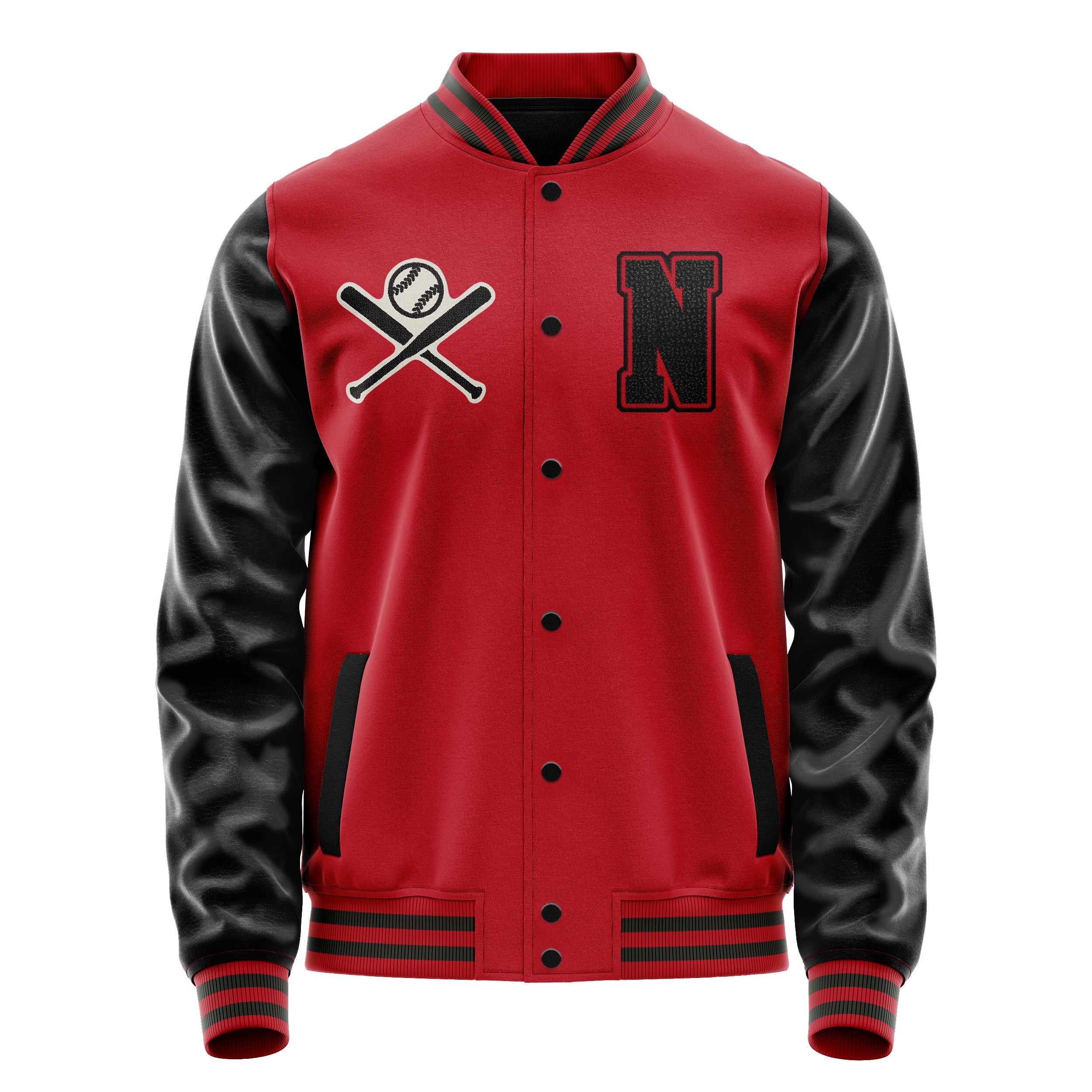 Custom Red Varsity Jacket Patches Black Leather Sleeves - Baseball