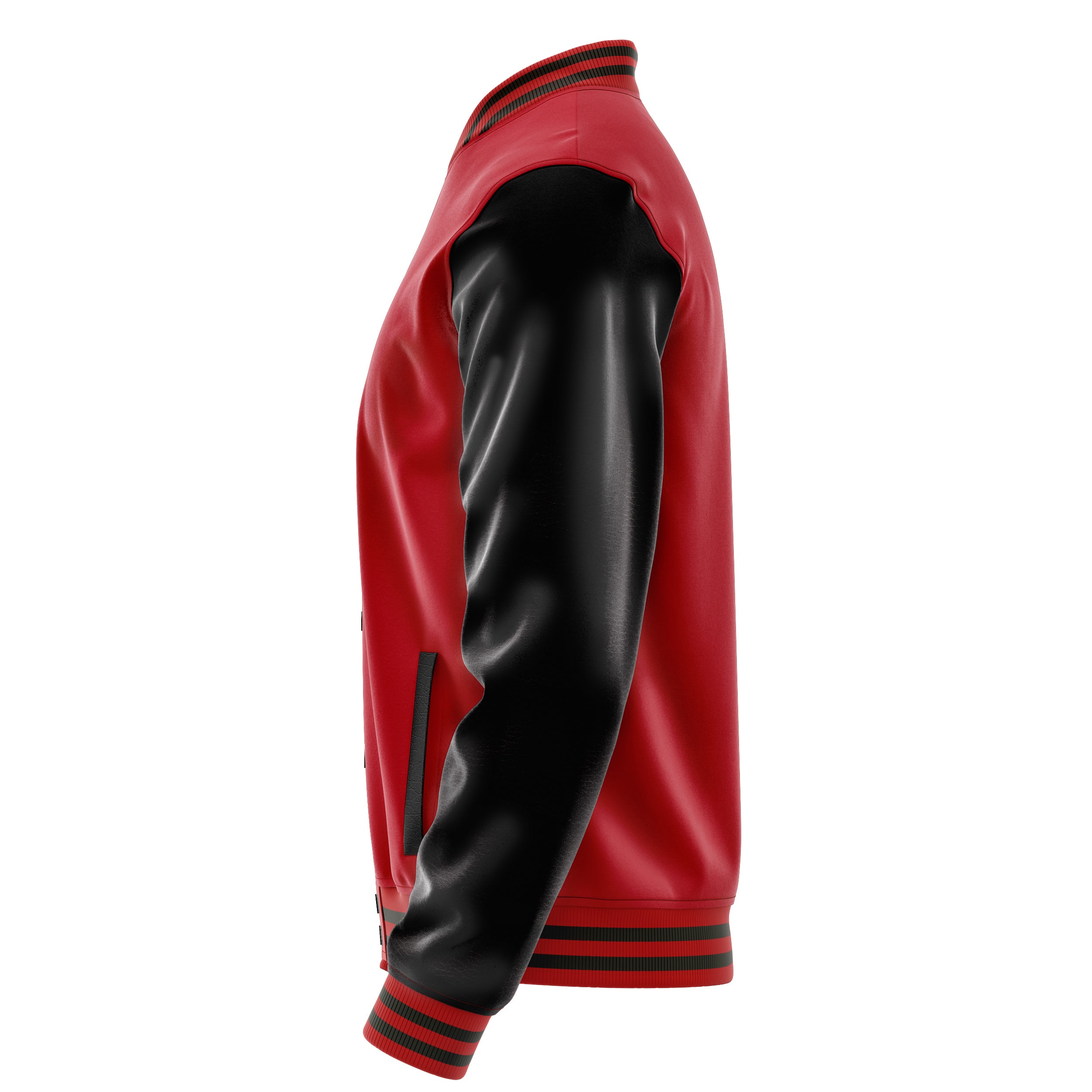 Custom Red Varsity Jacket Patches Black Leather Sleeves - Baseball