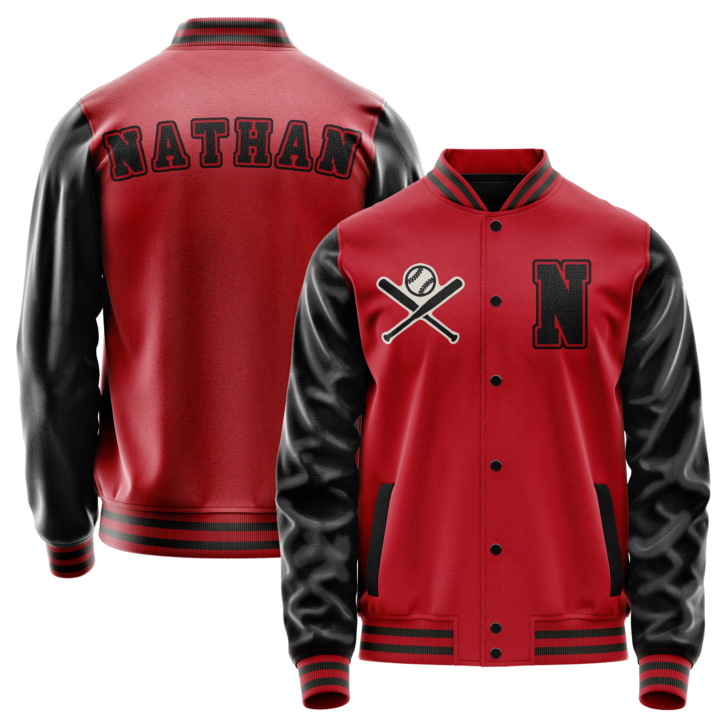 Custom Red Varsity Jacket Patches Black Leather Sleeves - Baseball