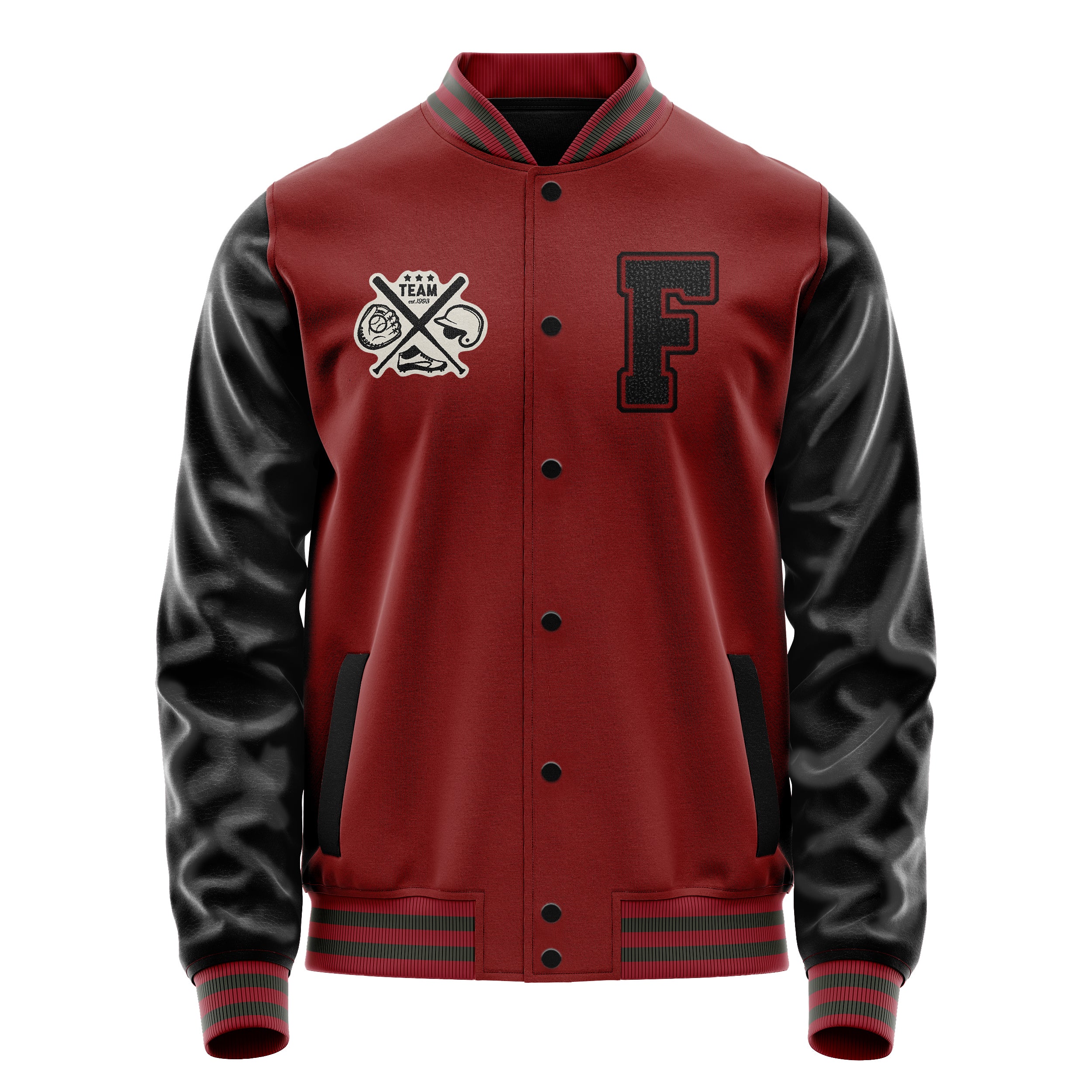 Custom Dark Red Varsity Jacket Patches Black Leather Sleeves - baseball logo