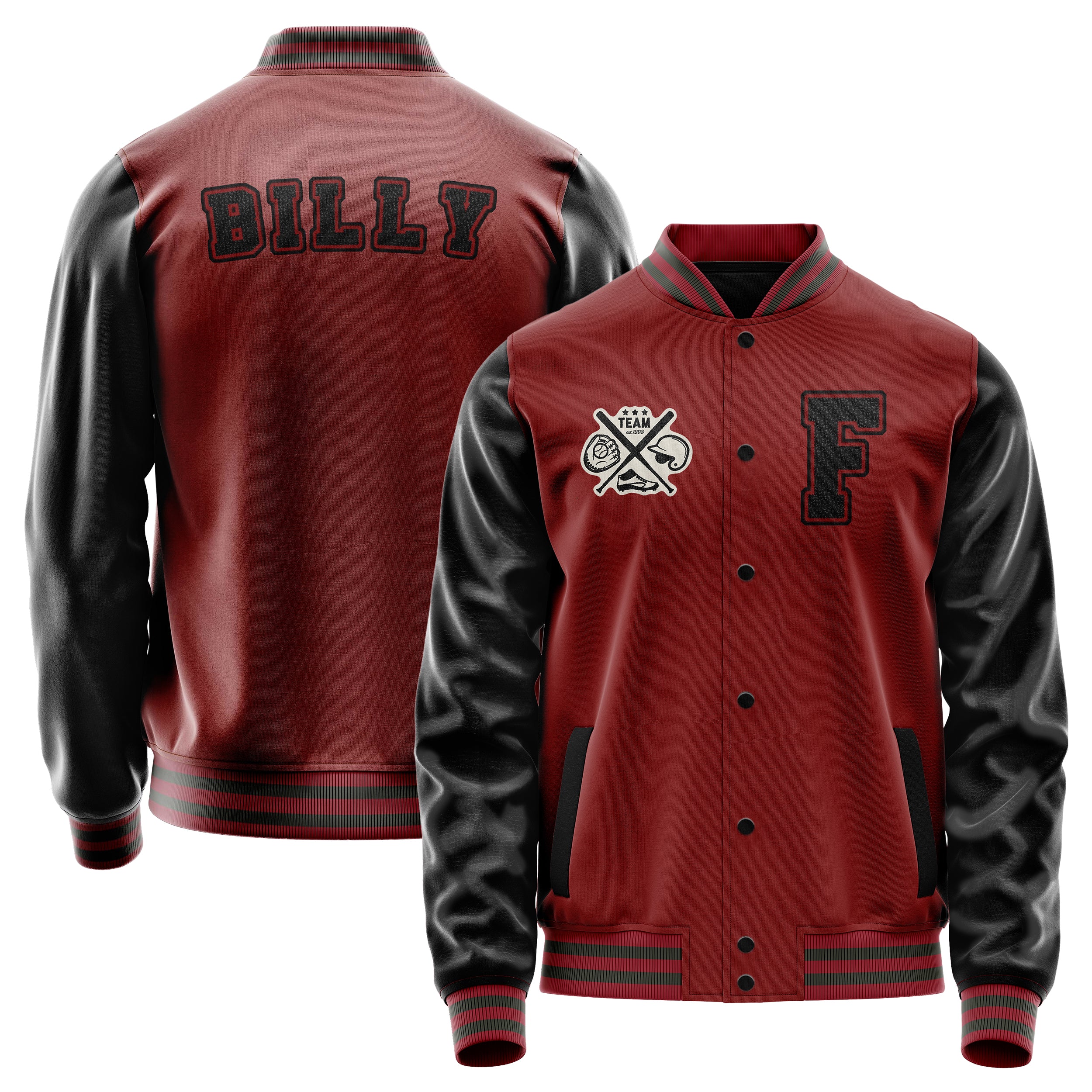 Custom Dark Red Varsity Jacket Patches Black Leather Sleeves - baseball logo