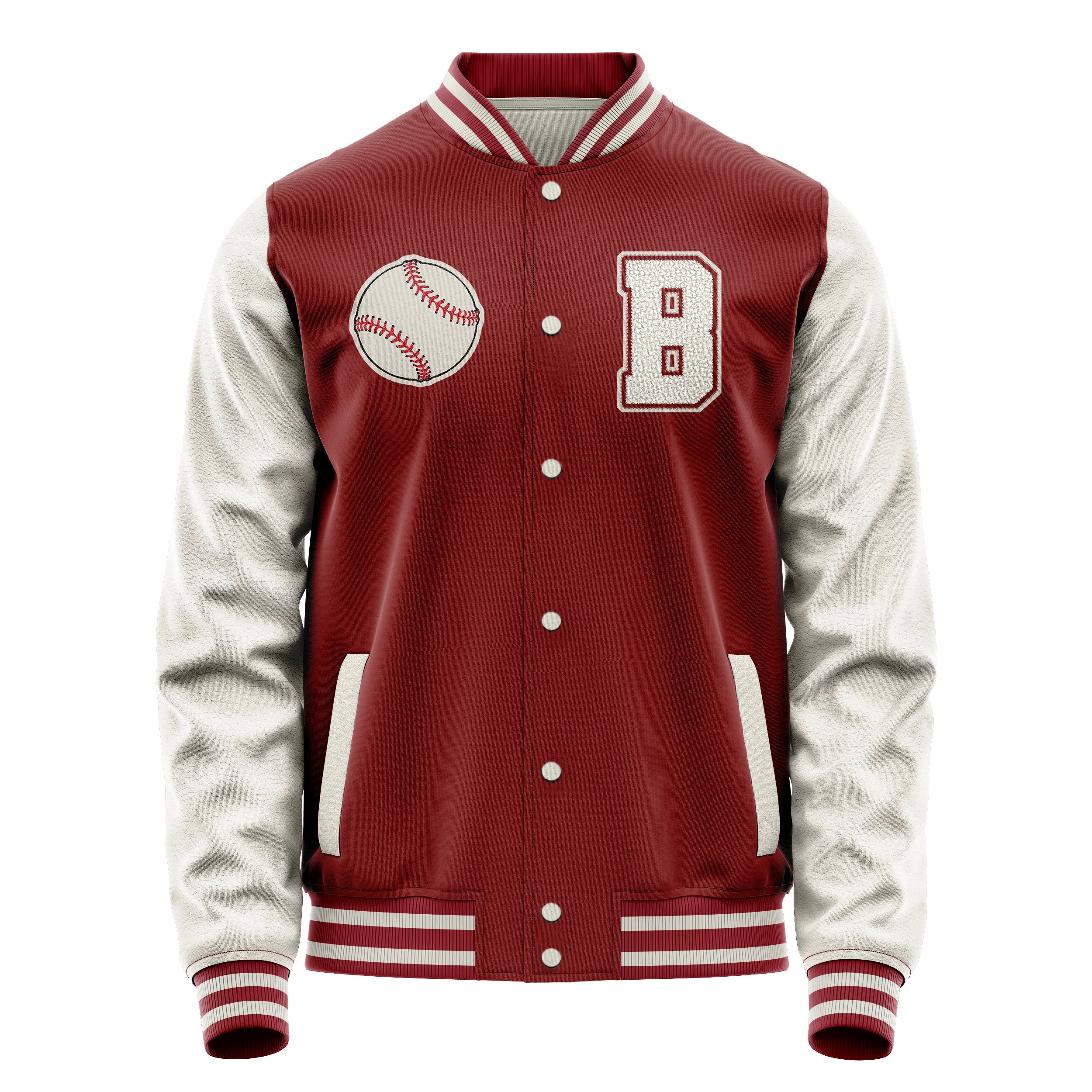 Custom Dark Red Varsity Jacket Patches Beige Leather Sleeves - Baseball