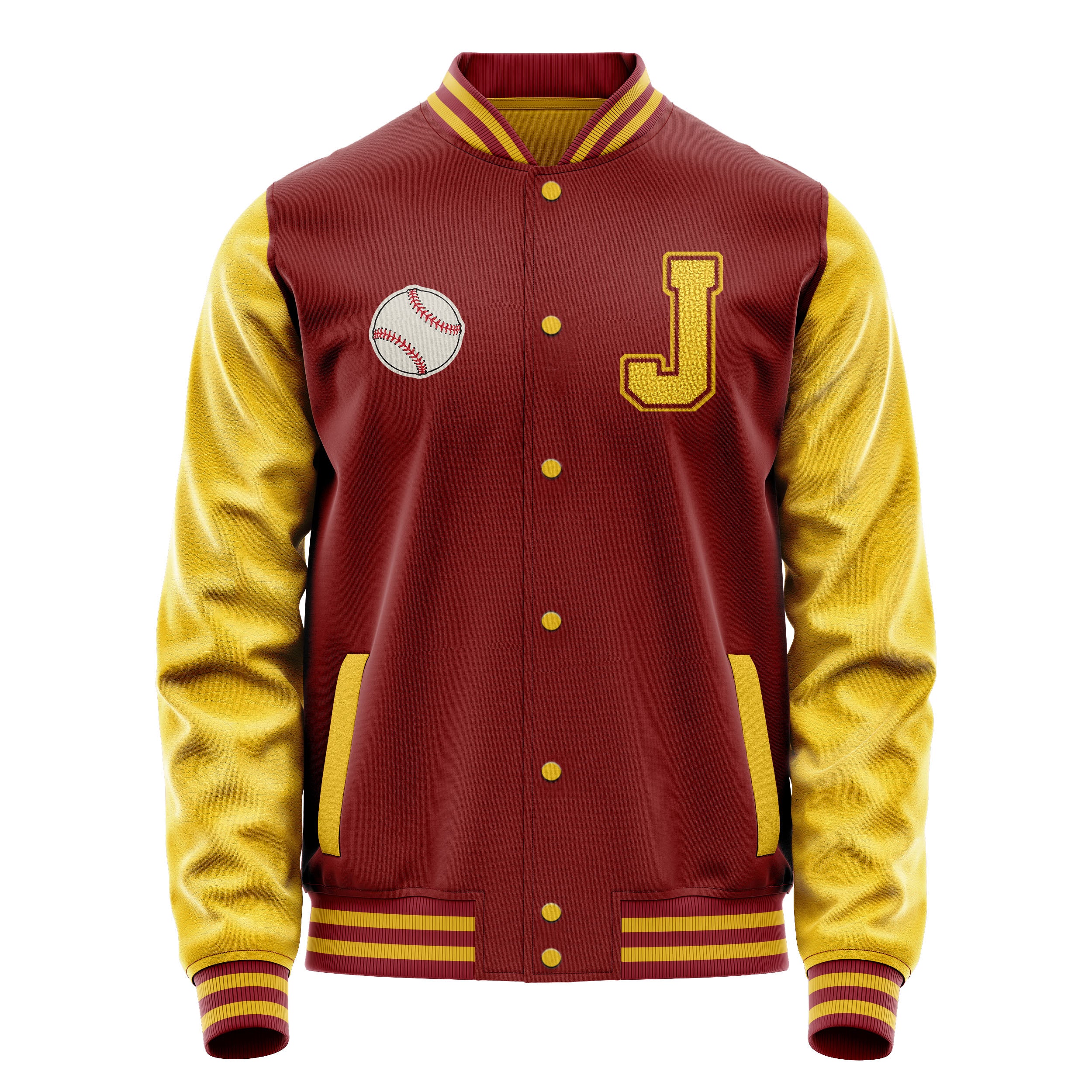 Custom Dark Red Varsity Jacket Patches Egg Yellow Leather Sleeves - Baseball