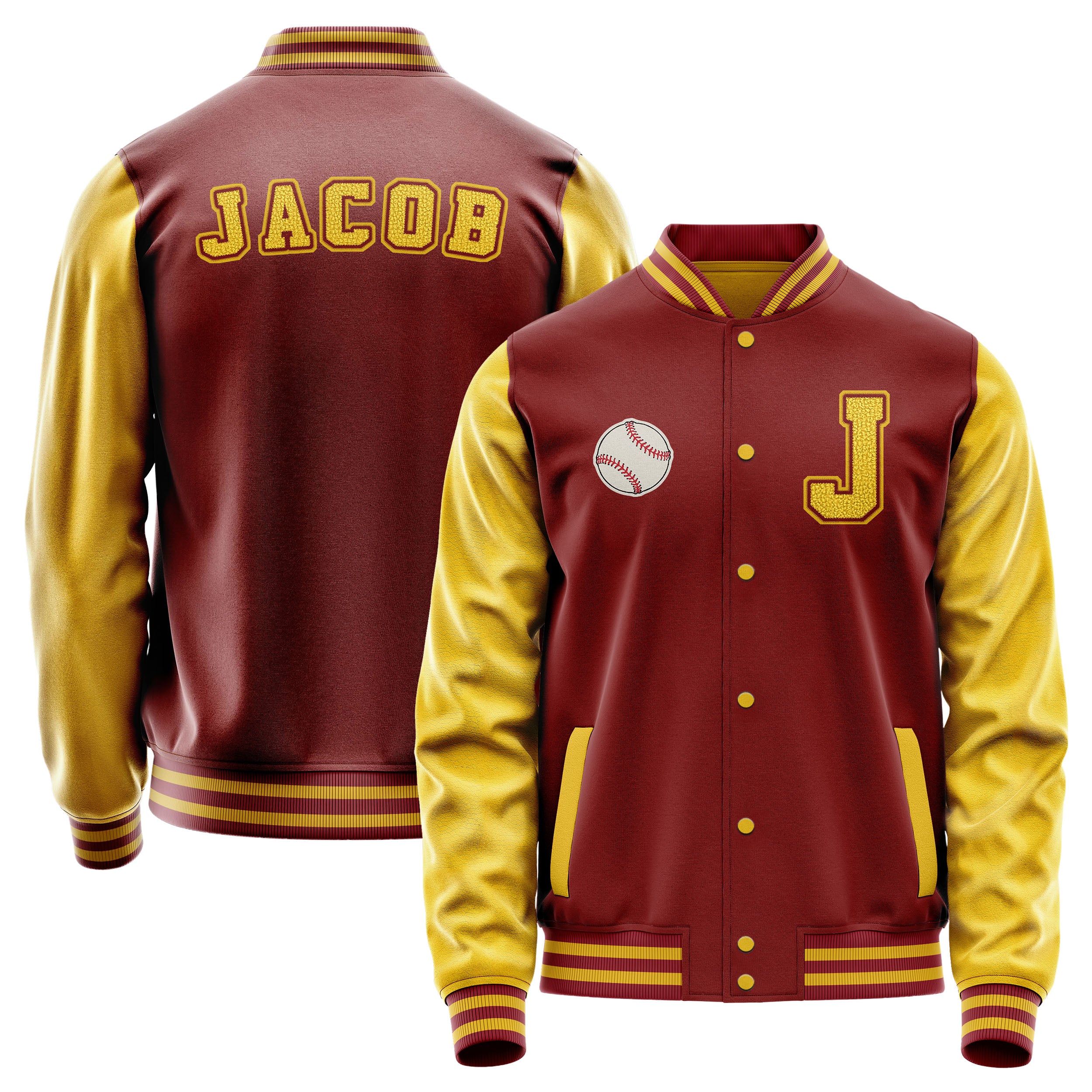 Custom Dark Red Varsity Jacket Patches Egg Yellow Leather Sleeves - Baseball