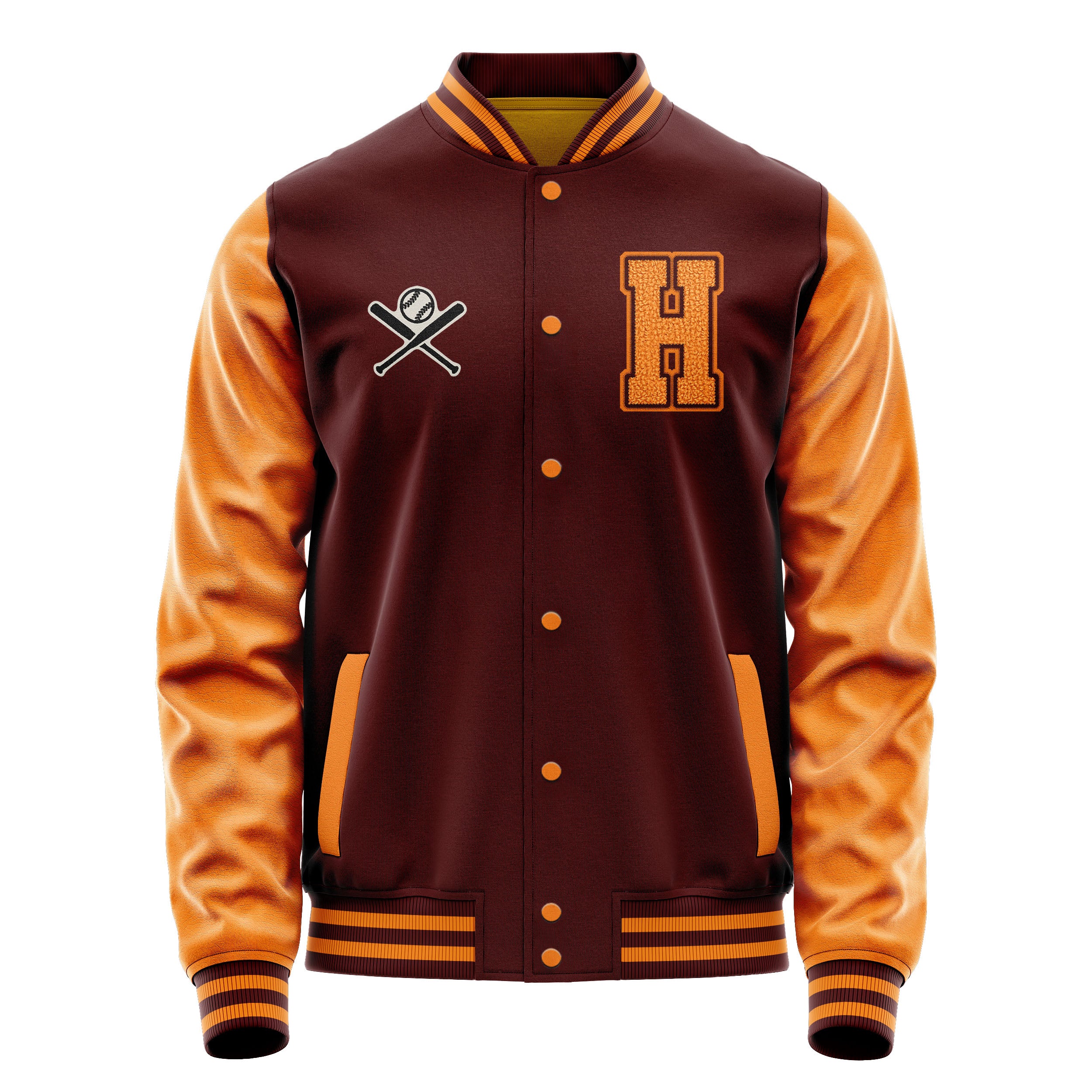 Custom Wine Red Varsity Jacket Patches Orange Leather Sleeves - Baseball