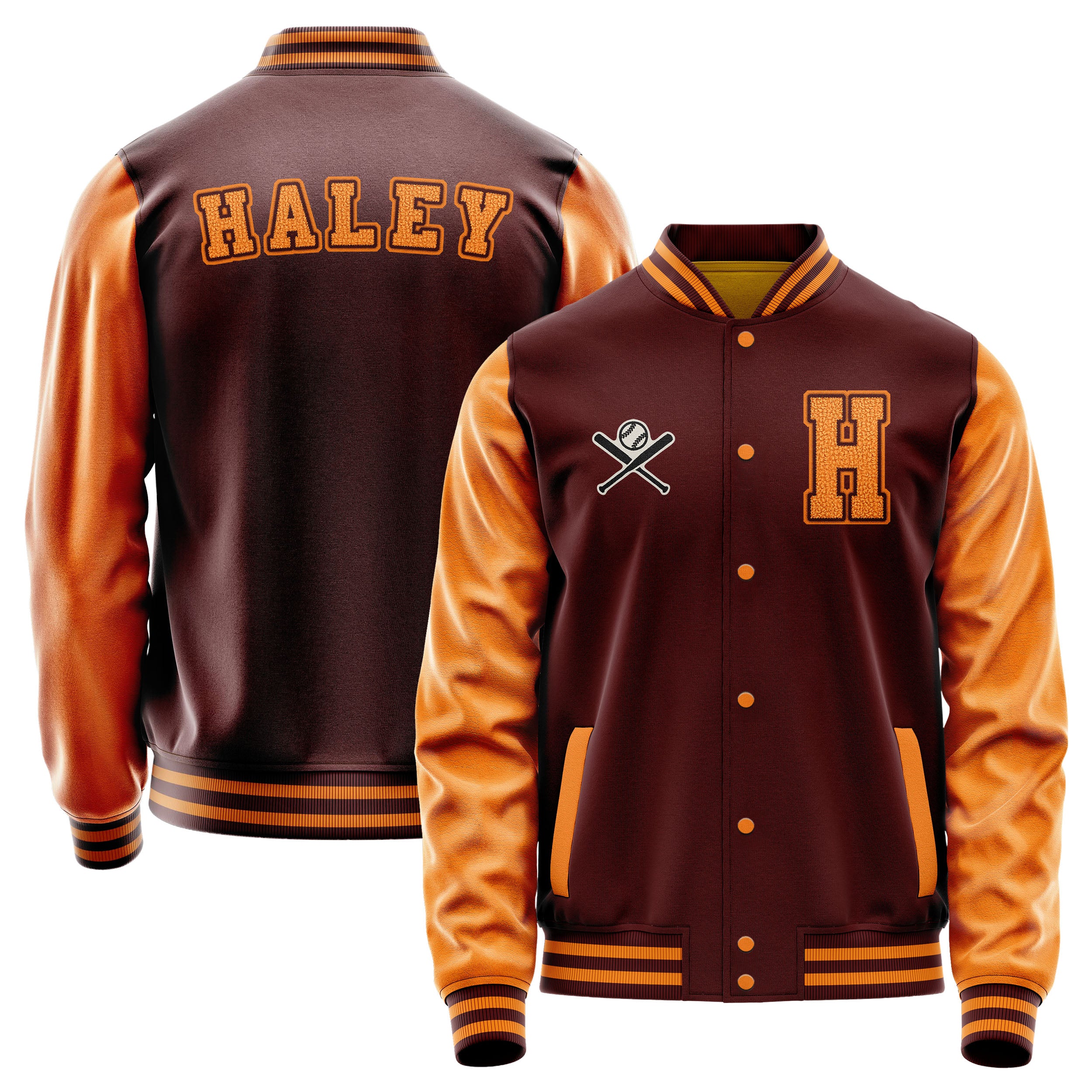 Custom Wine Red Varsity Jacket Patches Orange Leather Sleeves - Baseball