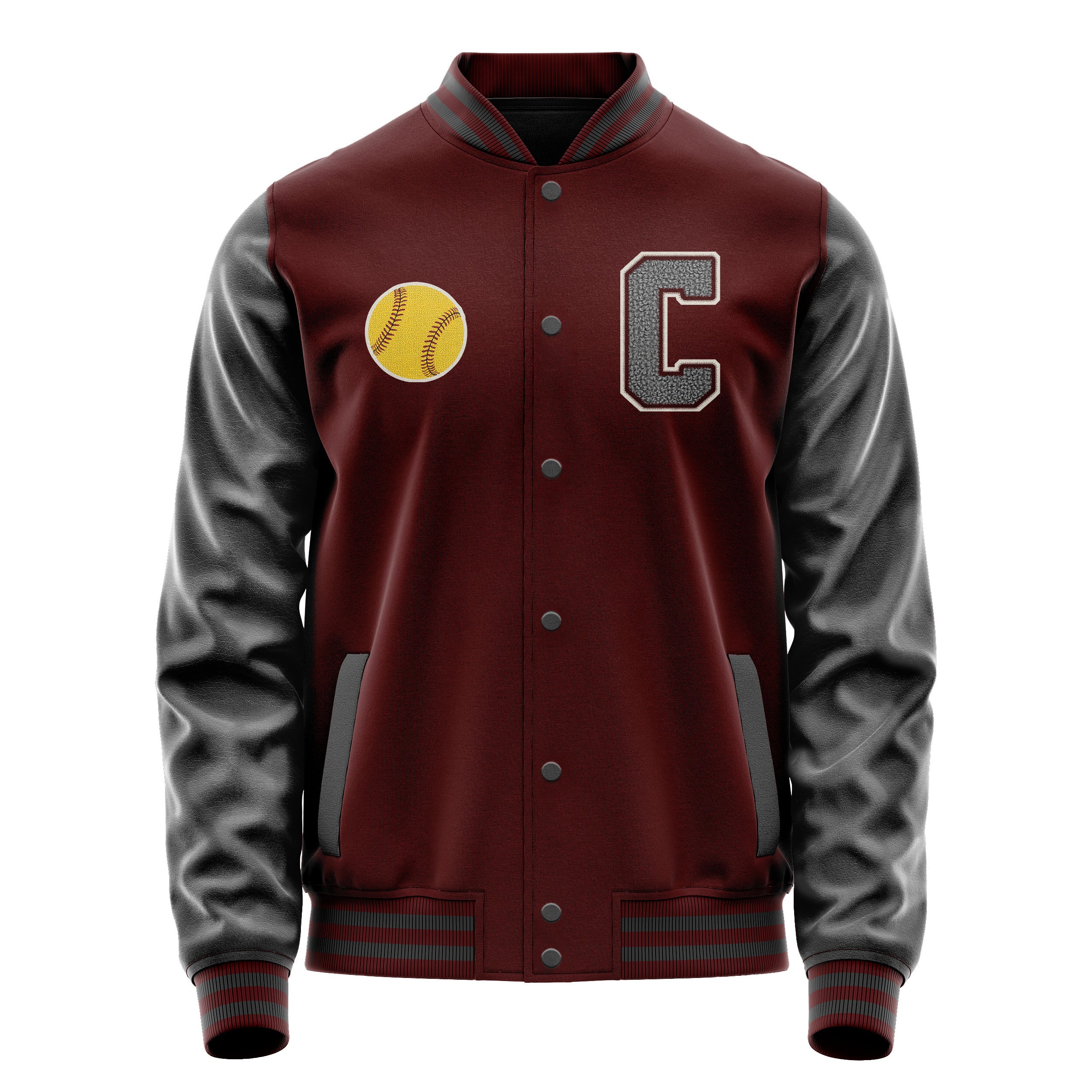 Custom Wine Red Varsity Jacket Patches Dark Gray Leather Sleeves - Baseball