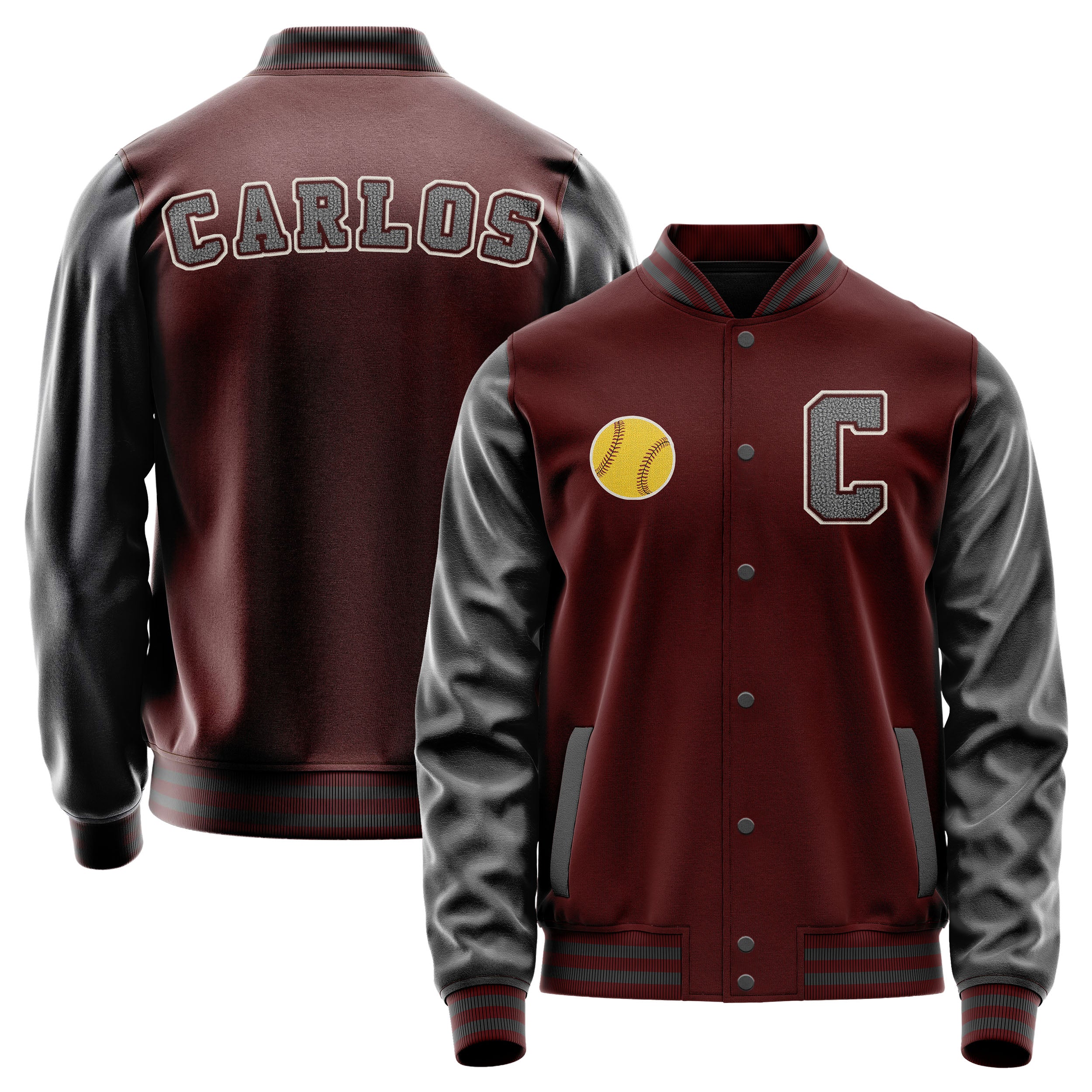 Custom Wine Red Varsity Jacket Patches Dark Gray Leather Sleeves - Baseball