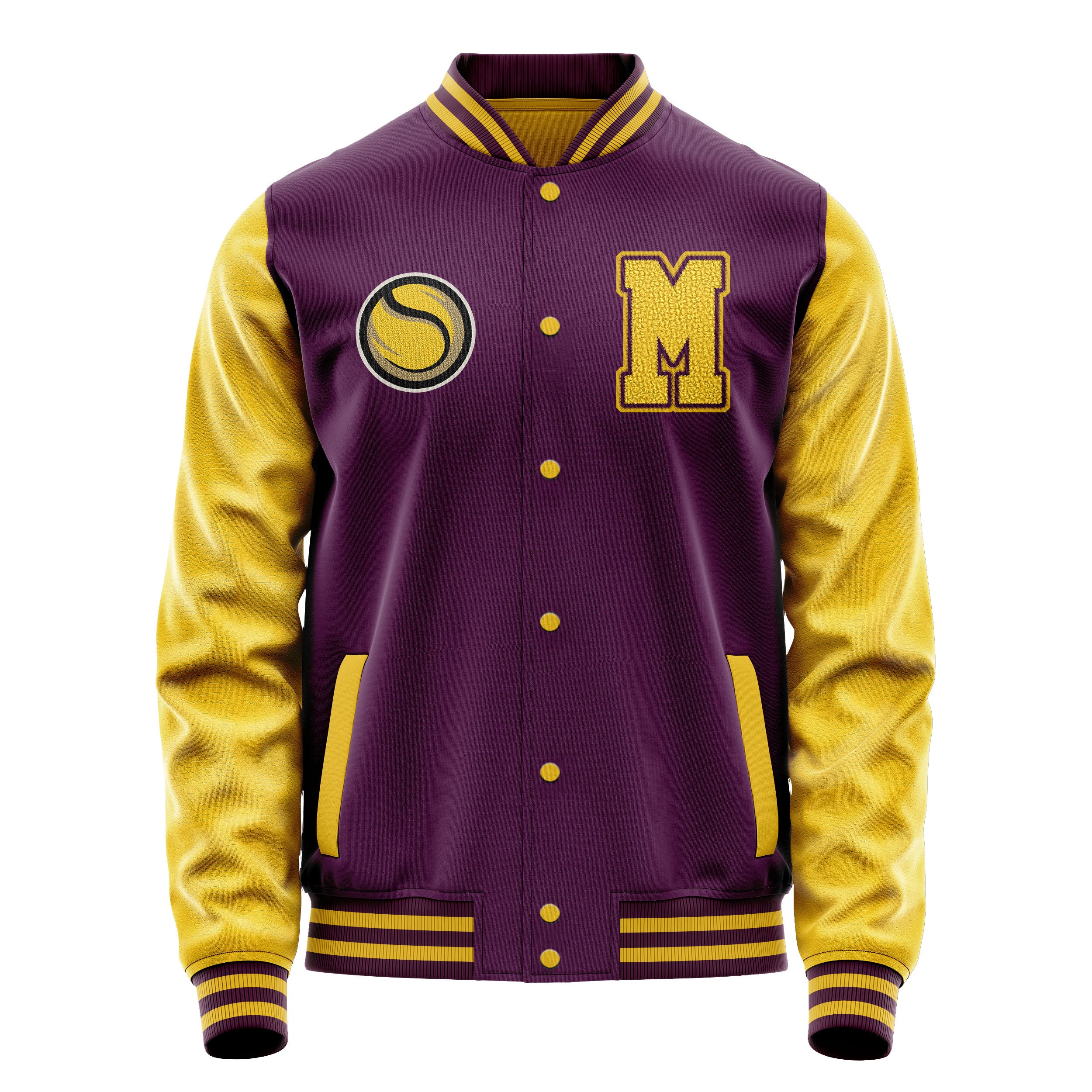 Custom Purple Varsity Jacket Patches Egg Yellow Leather Sleeves - Baseball