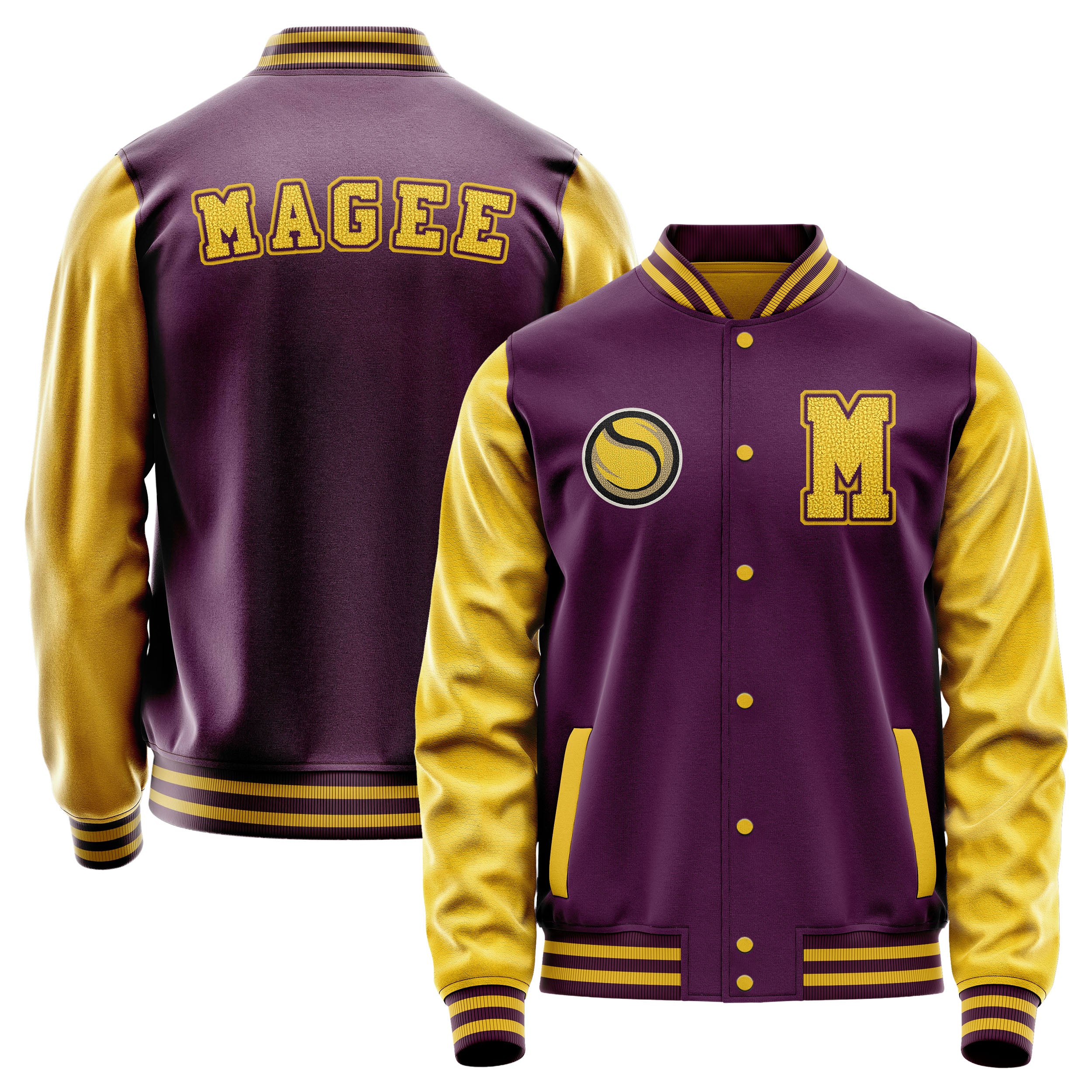 Custom Purple Varsity Jacket Patches Egg Yellow Leather Sleeves - Baseball