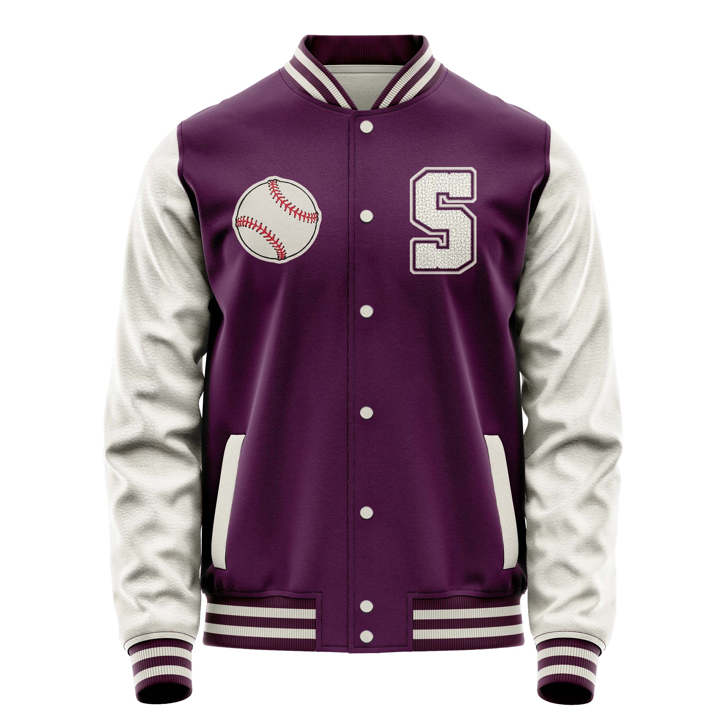 Custom Purple Varsity Jacket Patches Beige Leather Sleeves - Baseball