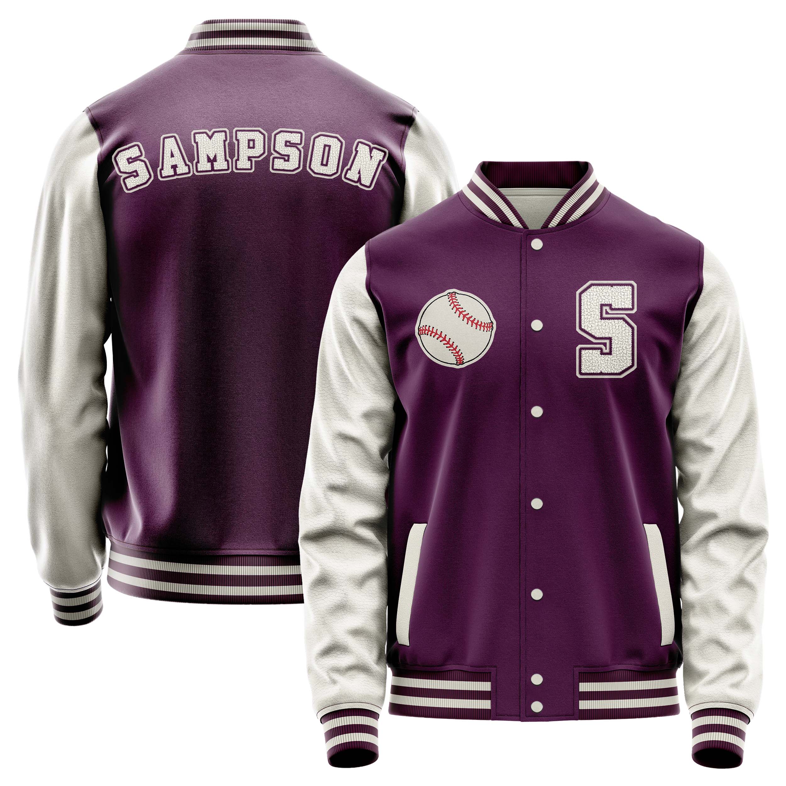 Custom Purple Varsity Jacket Patches Beige Leather Sleeves - Baseball