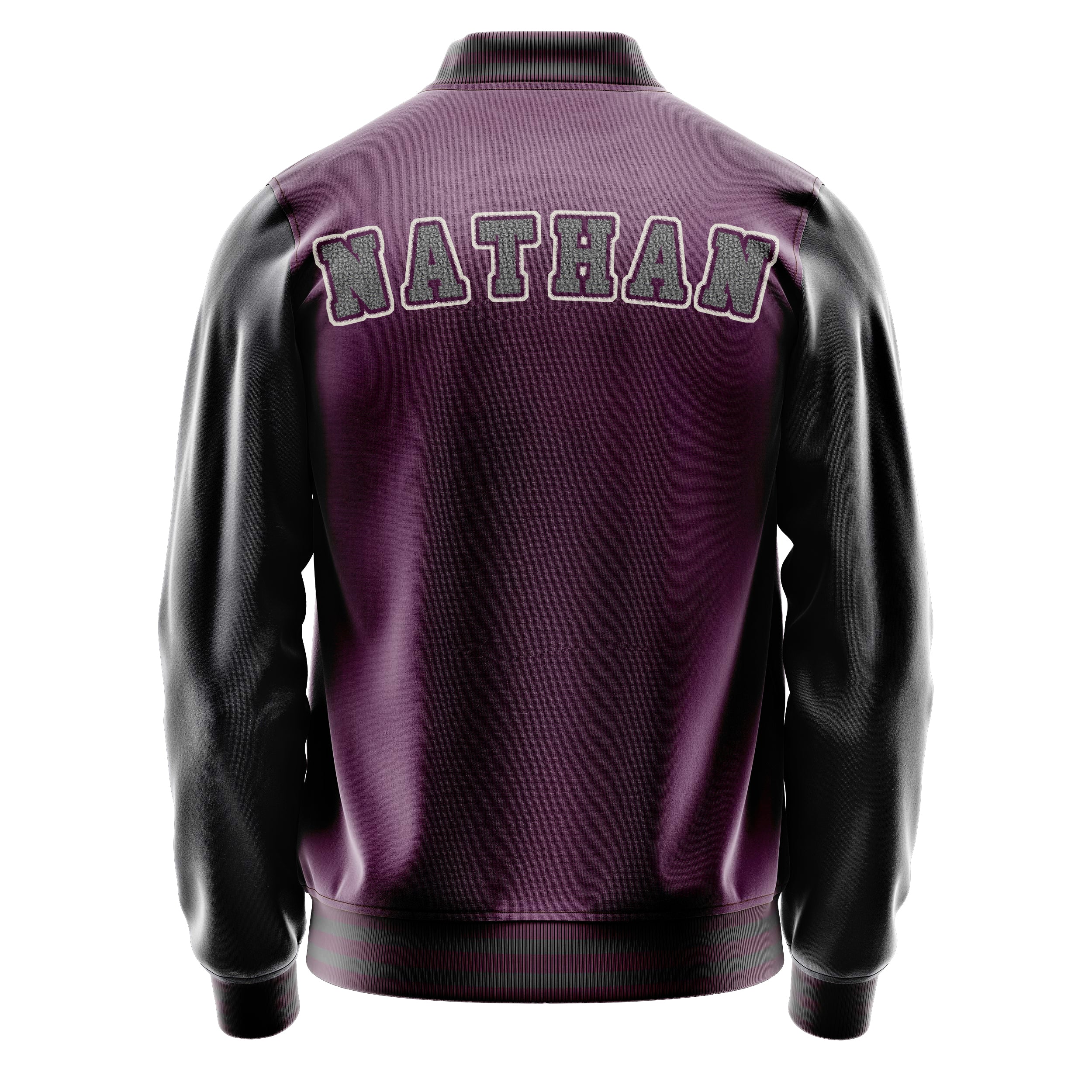 Custom Purple Varsity Jacket Patches Dark Gray Leather Sleeves - Angry Baseball