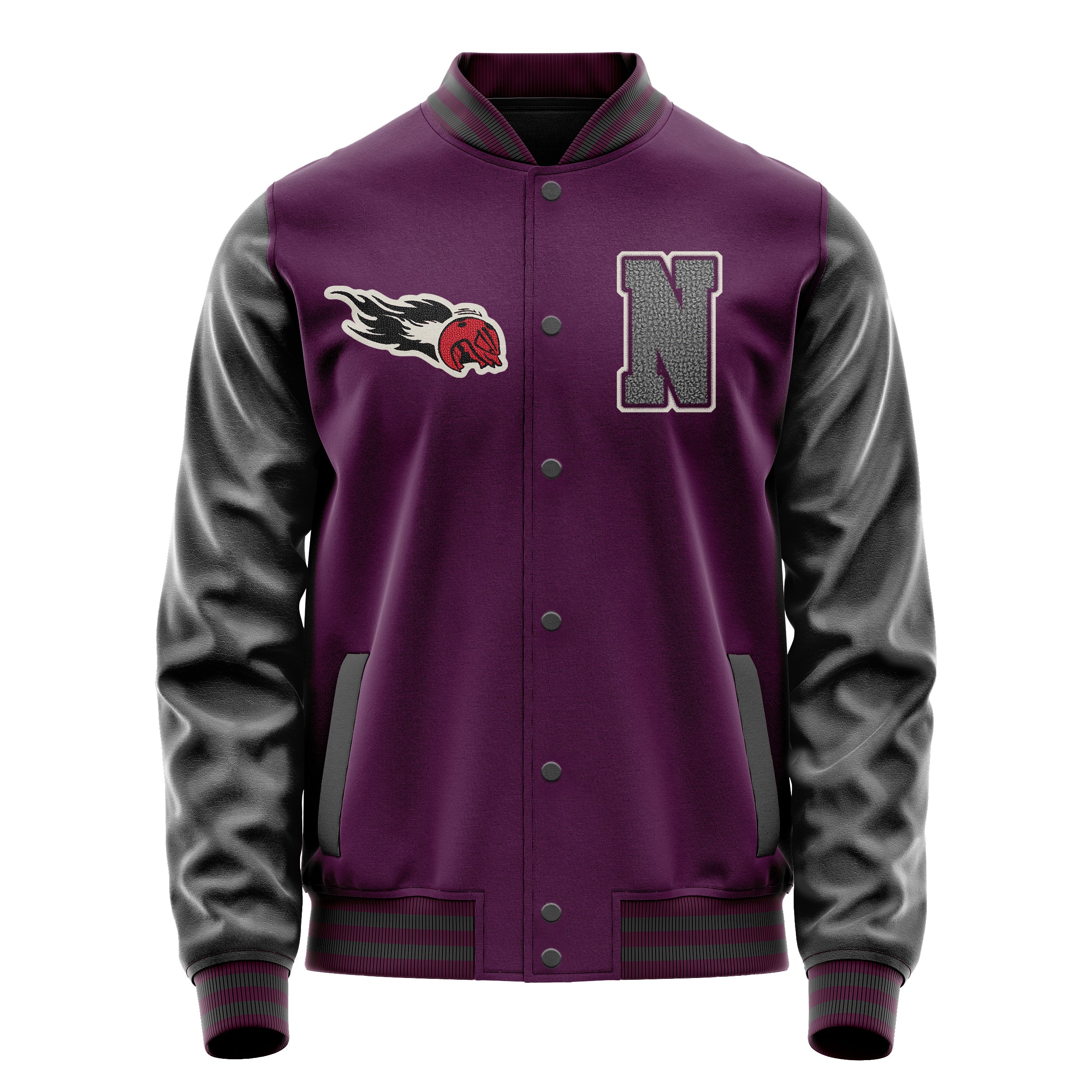 Custom Purple Varsity Jacket Patches Dark Gray Leather Sleeves - Angry Baseball