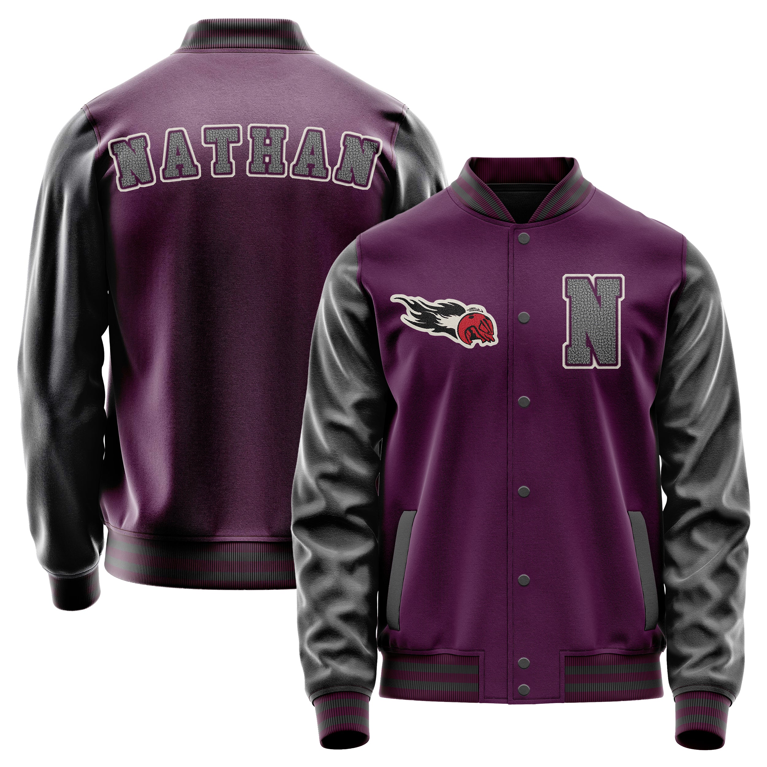 Custom Purple Varsity Jacket Patches Dark Gray Leather Sleeves - Angry Baseball