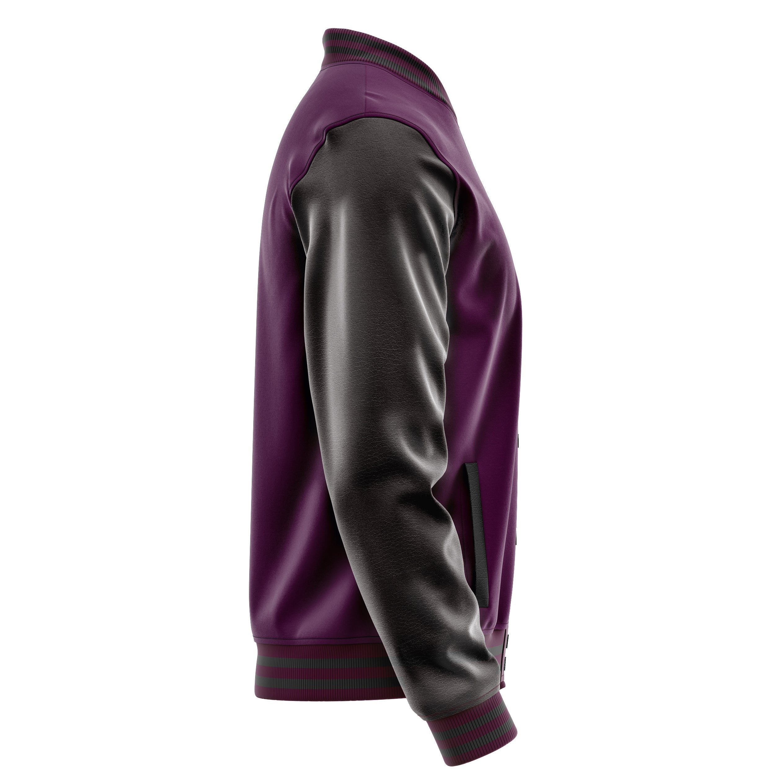 Custom Purple Varsity Jacket Patches Dark Gray Leather Sleeves - Angry Baseball