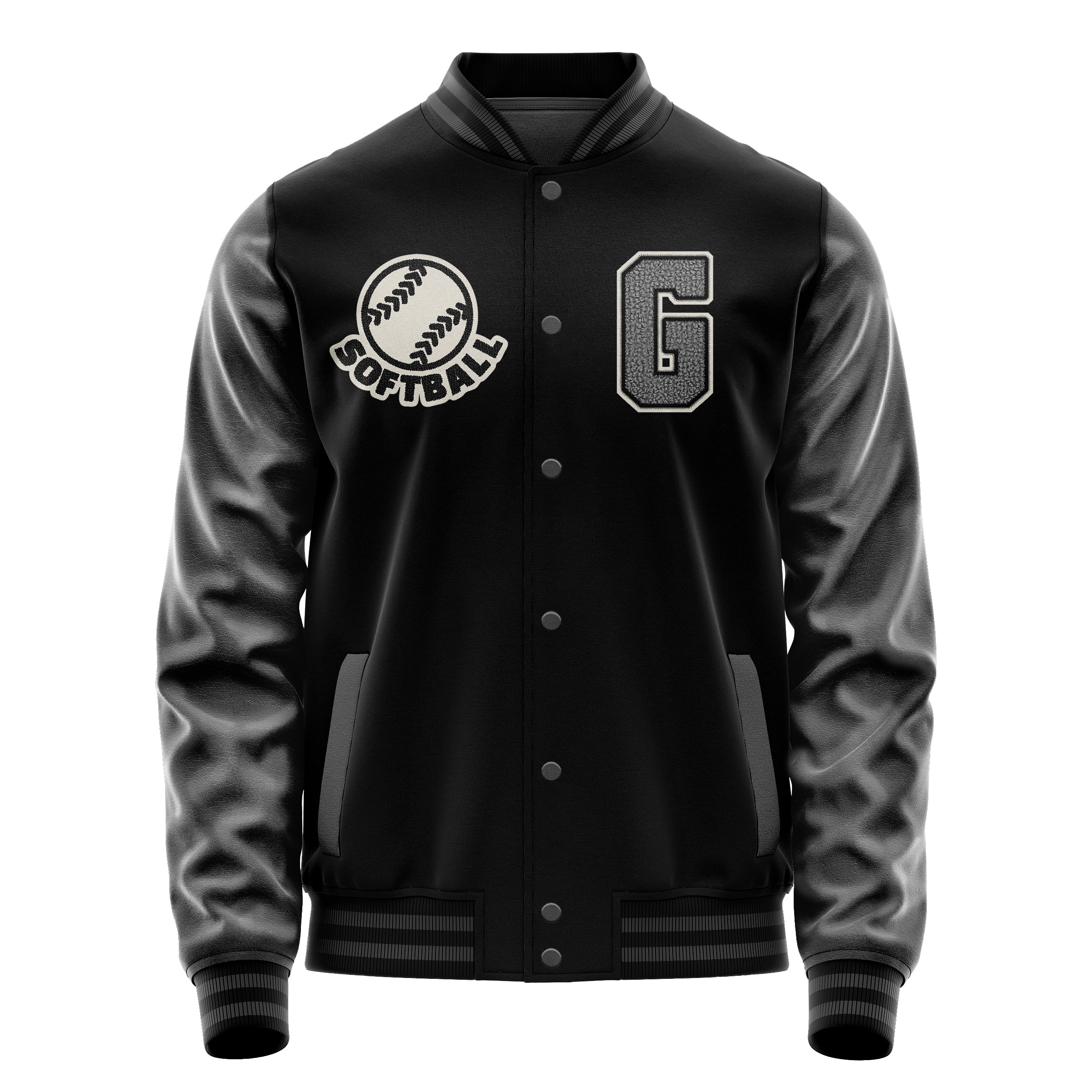 Custom Black Varsity Jacket Patches Dark Gray Leather Sleeves - football