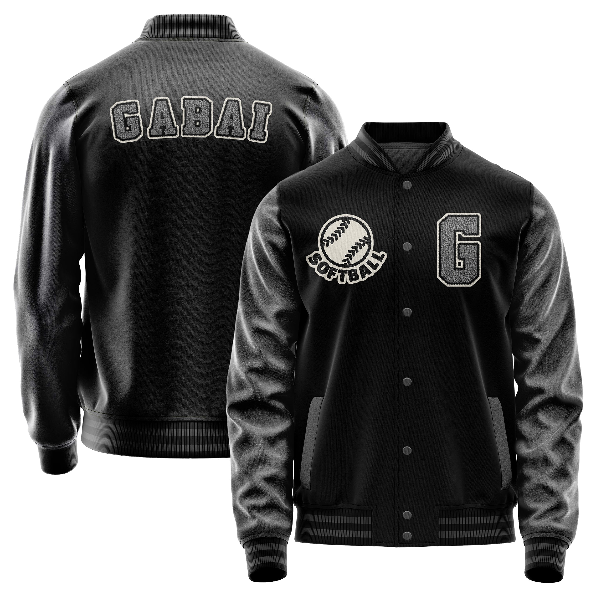 Custom Black Varsity Jacket Patches Dark Gray Leather Sleeves - football