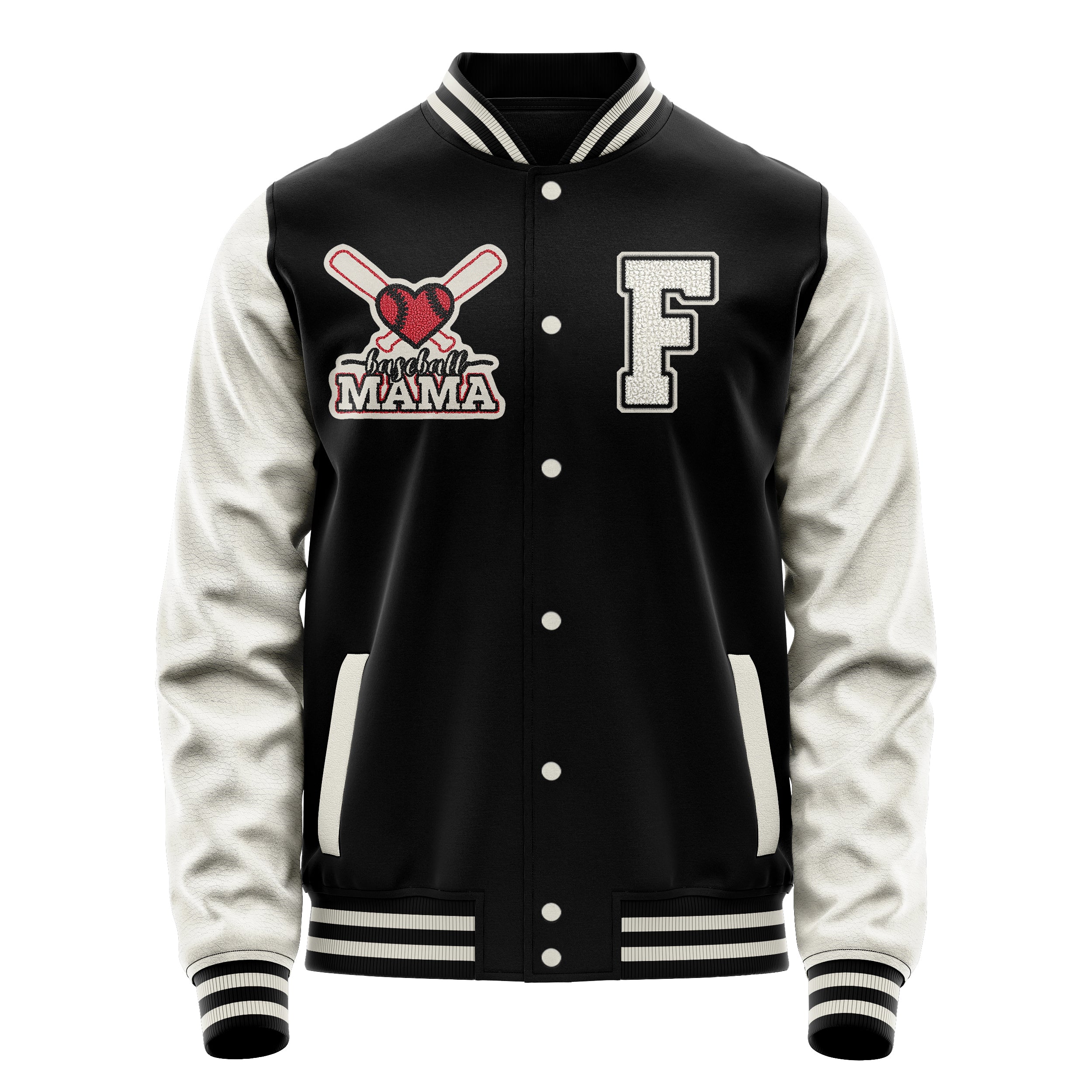 Custom Black Varsity Jacket Patches Beige Leather Sleeves - Baseball MAMA