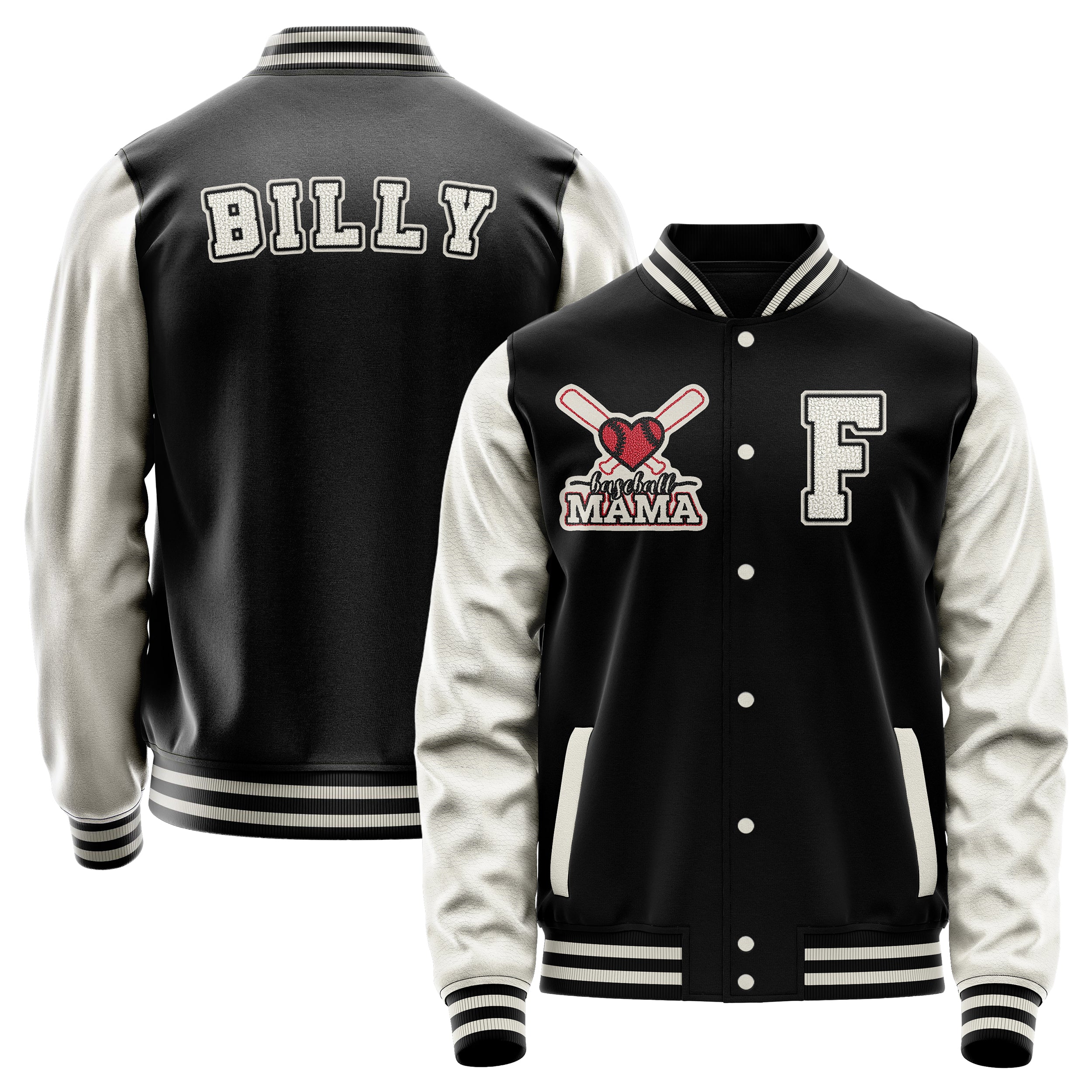 Custom Black Varsity Jacket Patches Beige Leather Sleeves - Baseball MAMA