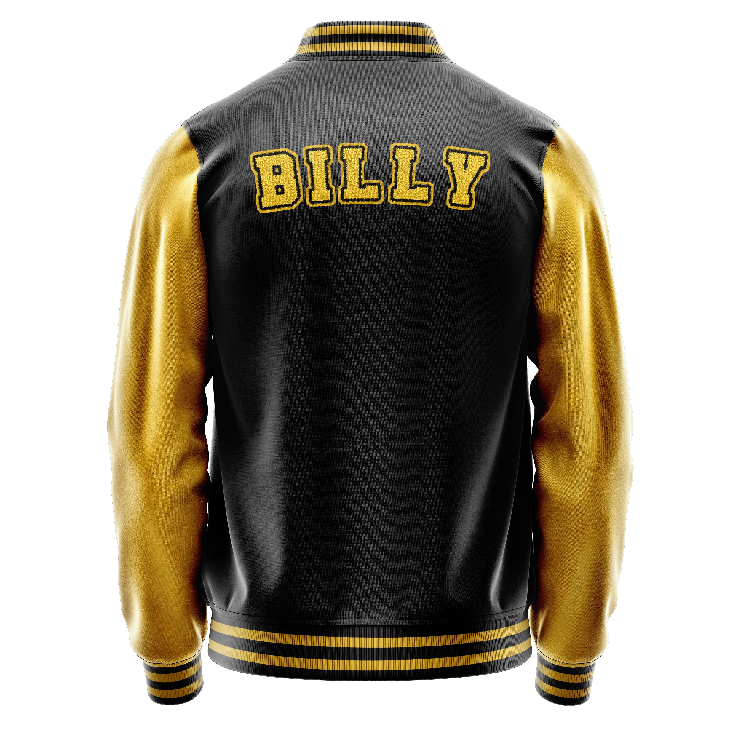 Custom Black Varsity Jacket Patches Egg Yellow Leather Sleeves - Baseball