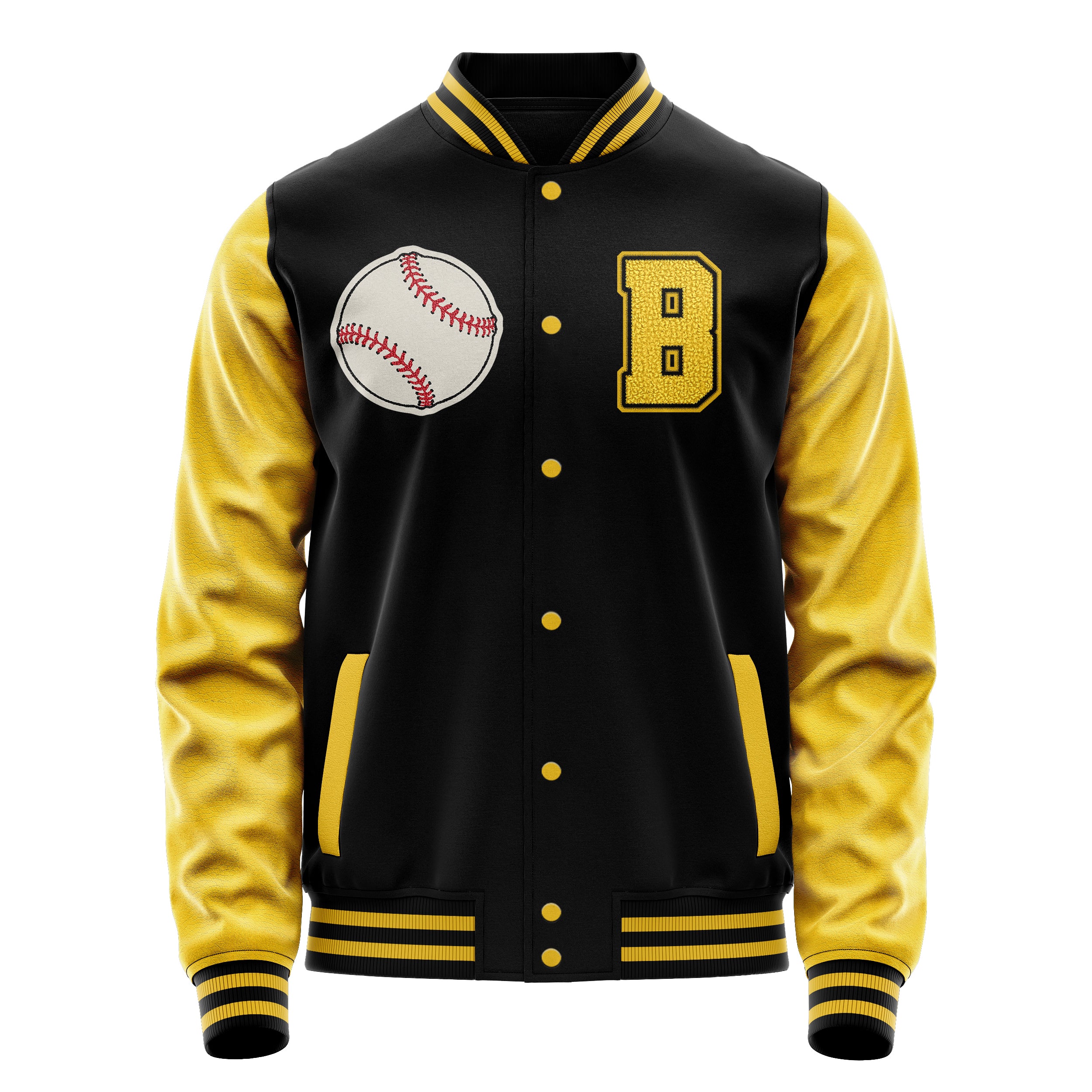 Custom Black Varsity Jacket Patches Egg Yellow Leather Sleeves - Baseball